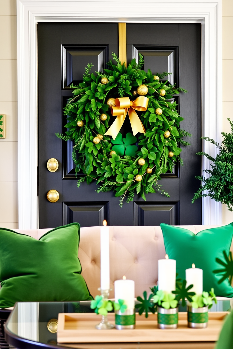 A vibrant St. Patrick's Day wreath adorns the front door, crafted from lush green foliage and adorned with golden accents and festive shamrocks. Inside the living room, cozy decorations reflect the holiday spirit, featuring green throw pillows and a cheerful table centerpiece with candles and small pots of clovers.