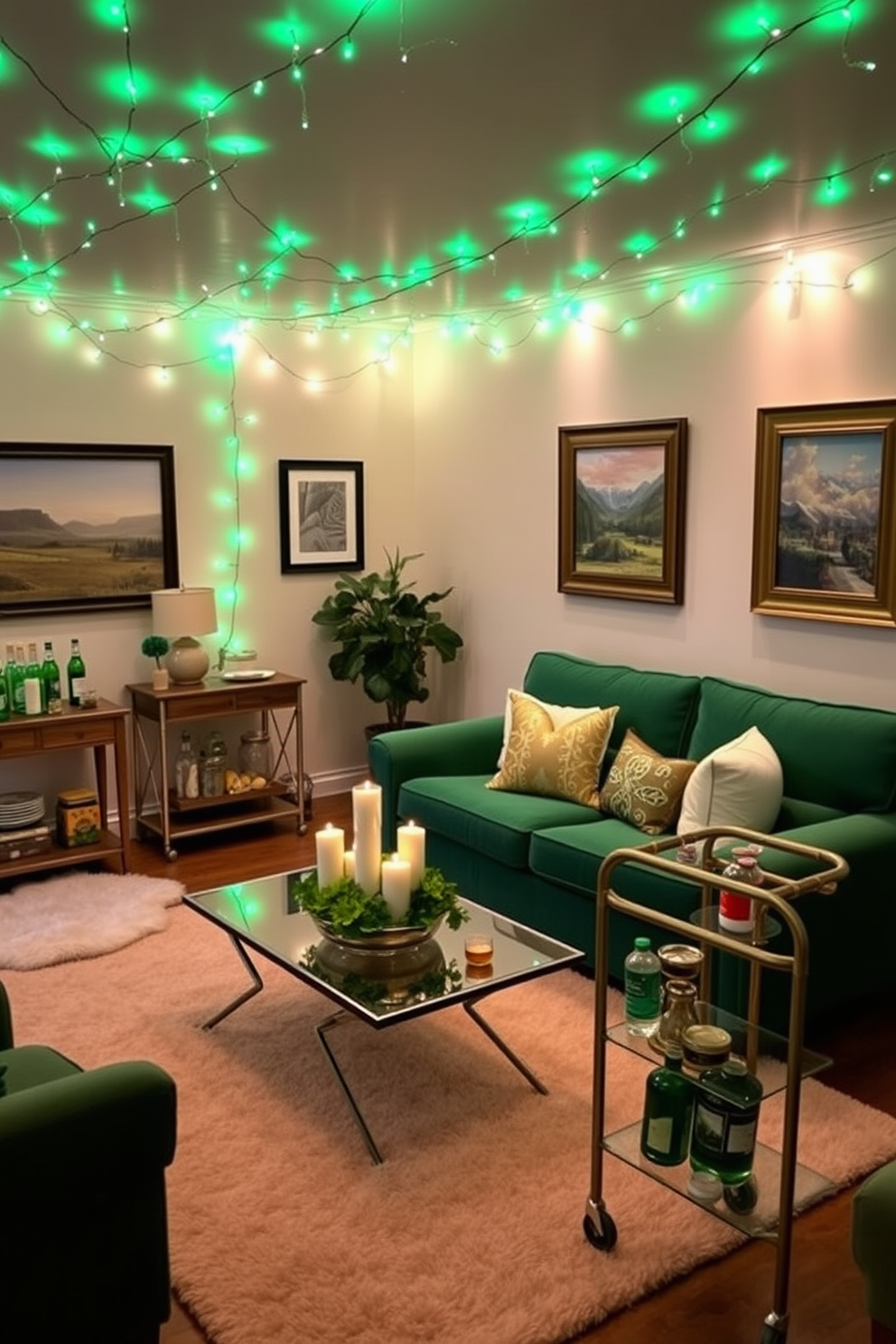 A cozy living room adorned with green fairy lights strung across the ceiling, creating a whimsical ambiance. The space features a plush emerald green sofa, accented with gold and white pillows, and a coffee table decorated with a festive St. Patrick's Day centerpiece of shamrocks and candles. On the walls, framed art depicting Irish landscapes adds a touch of culture, while a soft cream rug anchors the seating area. A small bar cart in the corner is stocked with green-themed drinks and treats, inviting guests to celebrate the holiday in style.