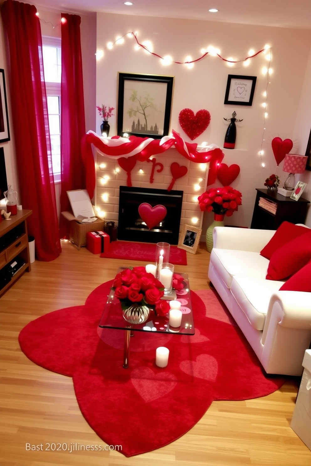 A cozy living room adorned in a red and white color scheme, featuring a plush white sofa with red throw pillows. A heart-themed area rug anchors the space, while a festive coffee table is decorated with candles and a vase of red roses. The walls are adorned with romantic artwork, and fairy lights are draped along the window for a warm glow. A red and white garland hangs above the fireplace, complemented by decorative heart-shaped accents throughout the room.