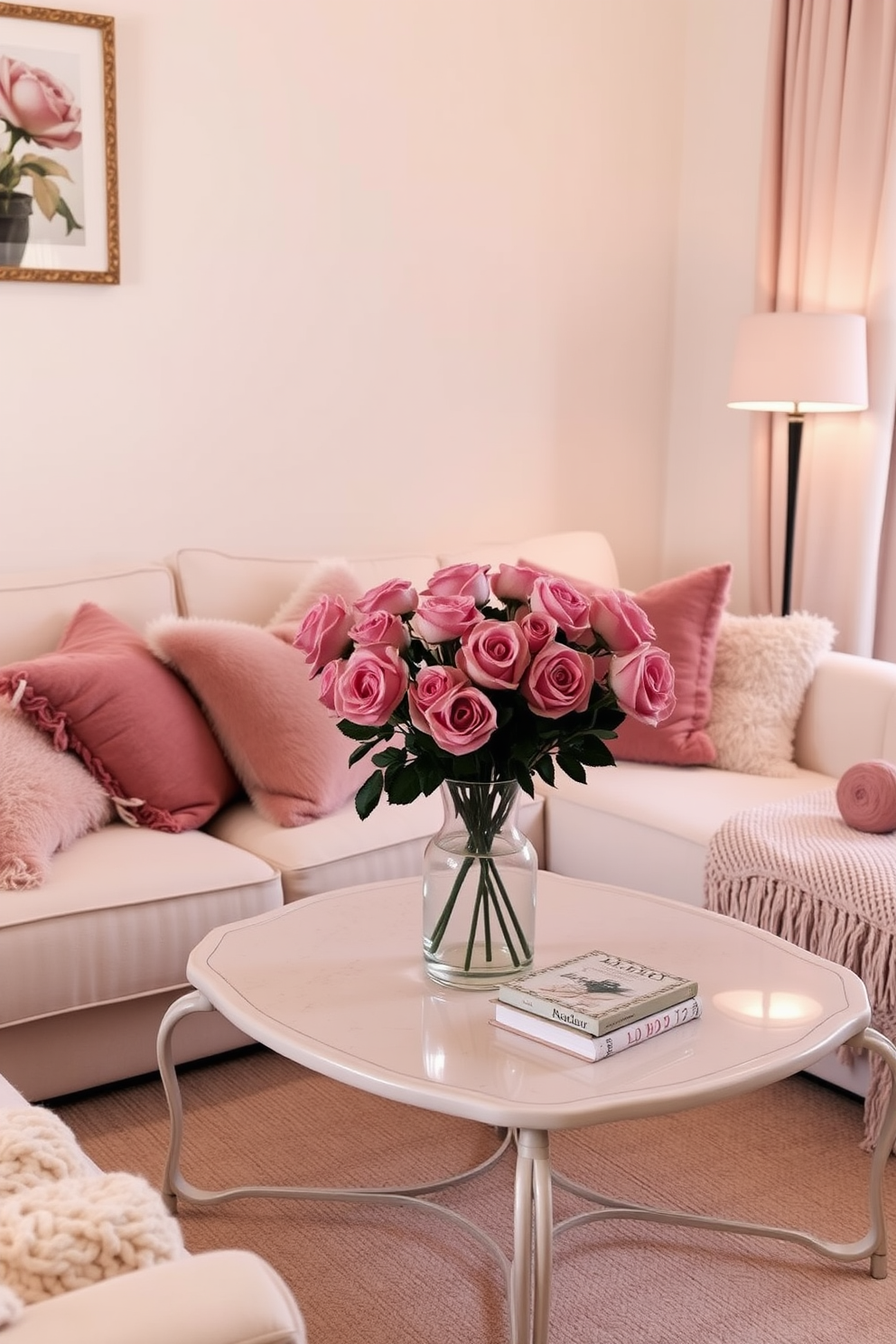 A cozy living room adorned with dusty rose accents. Plush cushions in varying shades of dusty rose are scattered across a soft cream sofa, creating a warm and inviting atmosphere. A delicate coffee table features a vase filled with fresh pink roses, enhancing the romantic vibe. Soft, ambient lighting from a stylish floor lamp casts a gentle glow, perfect for a Valentine's Day gathering.