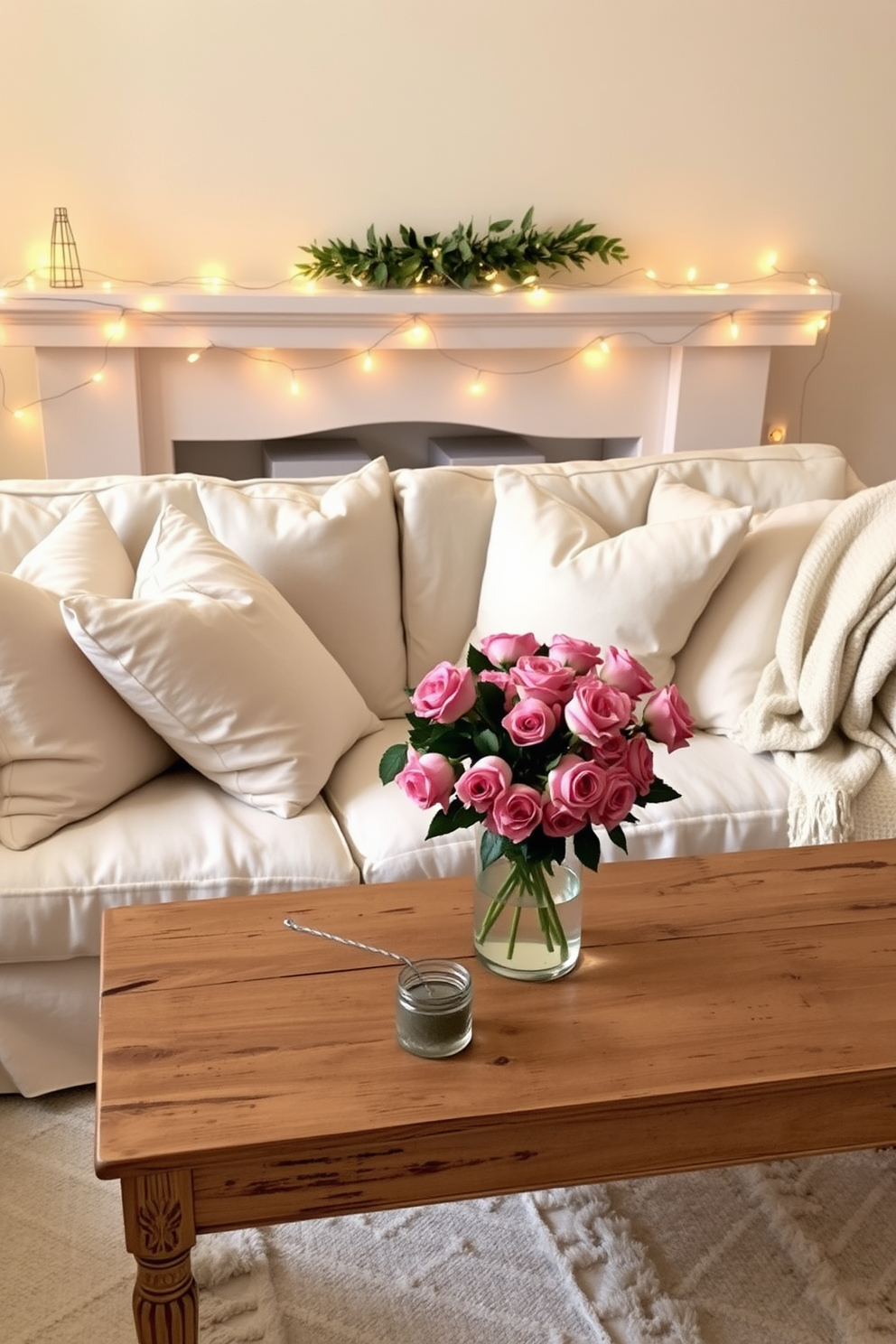 A cozy living room adorned with cream and linen fabrics creates an inviting atmosphere perfect for Valentine's Day. Plush cushions in soft cream hues are scattered across a linen-upholstered sofa, complemented by a delicate throw blanket draped over the armrest. A rustic coffee table sits at the center, topped with a bouquet of fresh roses in a clear vase. Twinkling fairy lights are strung along the mantel, enhancing the romantic ambiance with a warm, soft glow.