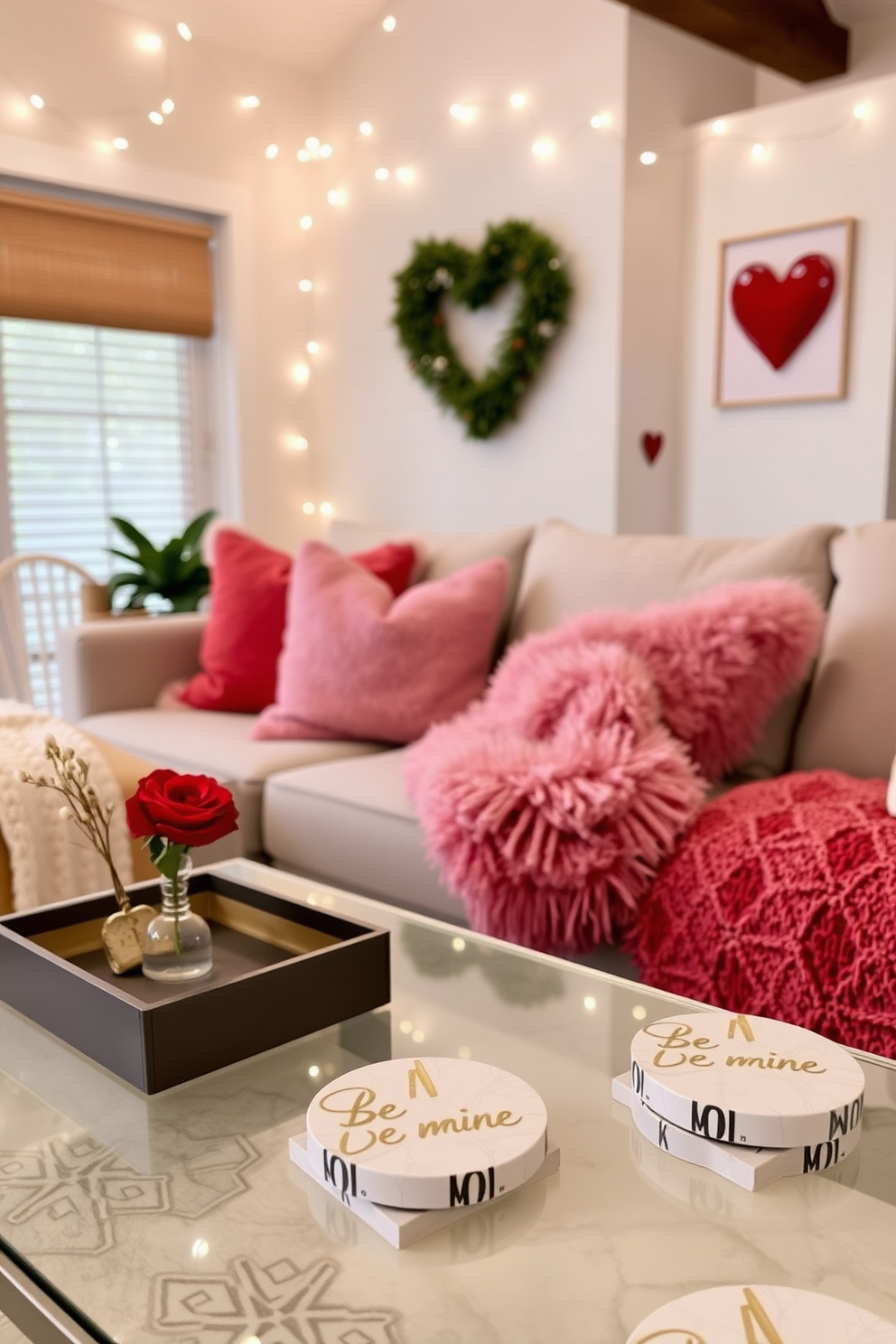 A cozy living room adorned for Valentine's Day, featuring a stylish coffee table with elegant Be Mine marbleized coasters. Soft, plush throw pillows in shades of pink and red are scattered across a comfortable sectional sofa, while delicate string lights twinkle above, creating a warm and inviting atmosphere.