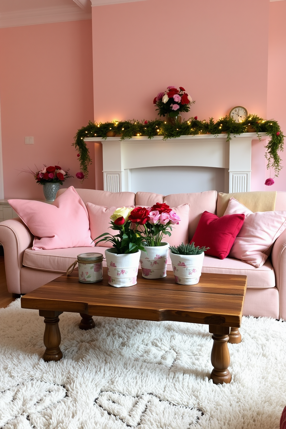 A cozy living room adorned with floral linen-wrapped pots that add a touch of romance and warmth. The pots are strategically placed on a rustic coffee table, surrounded by soft throw pillows in shades of pink and red, creating an inviting atmosphere for Valentine's Day. The walls are painted in a soft blush hue, complemented by delicate fairy lights draped across the mantelpiece. A plush area rug anchors the space, while a centerpiece of fresh flowers in vibrant colors enhances the festive decor.