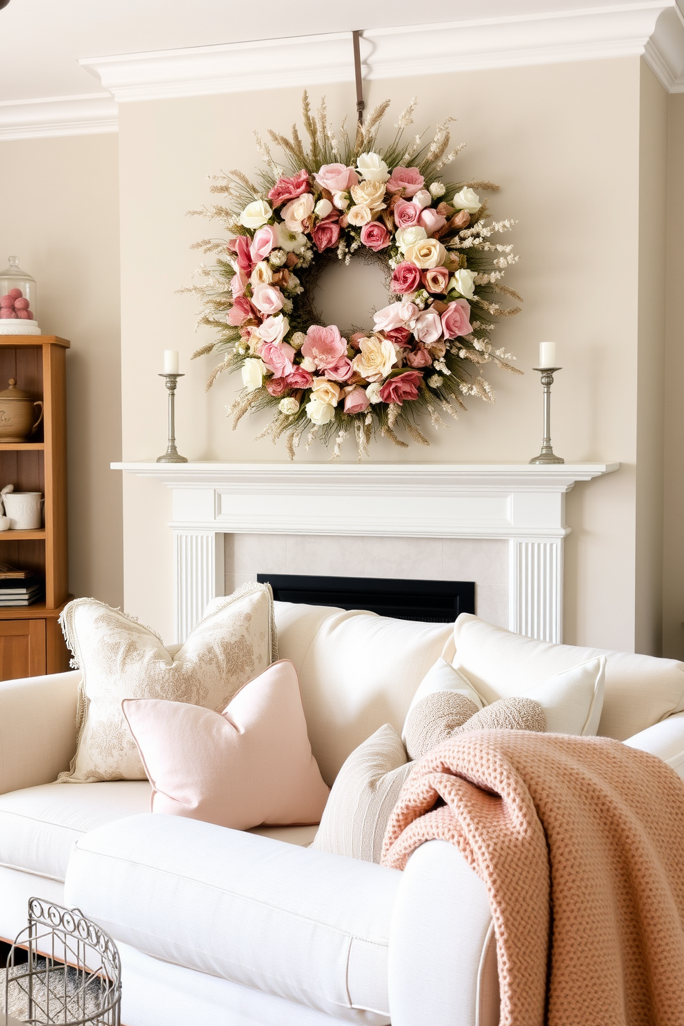 A charming living room adorned for Valentine's Day features a stunning dried floral wreath hanging above the mantel, showcasing an array of soft pinks, whites, and earthy tones. The cozy seating area is accented with plush throw pillows in heart patterns, while a warm throw blanket drapes elegantly over the arm of the sofa.