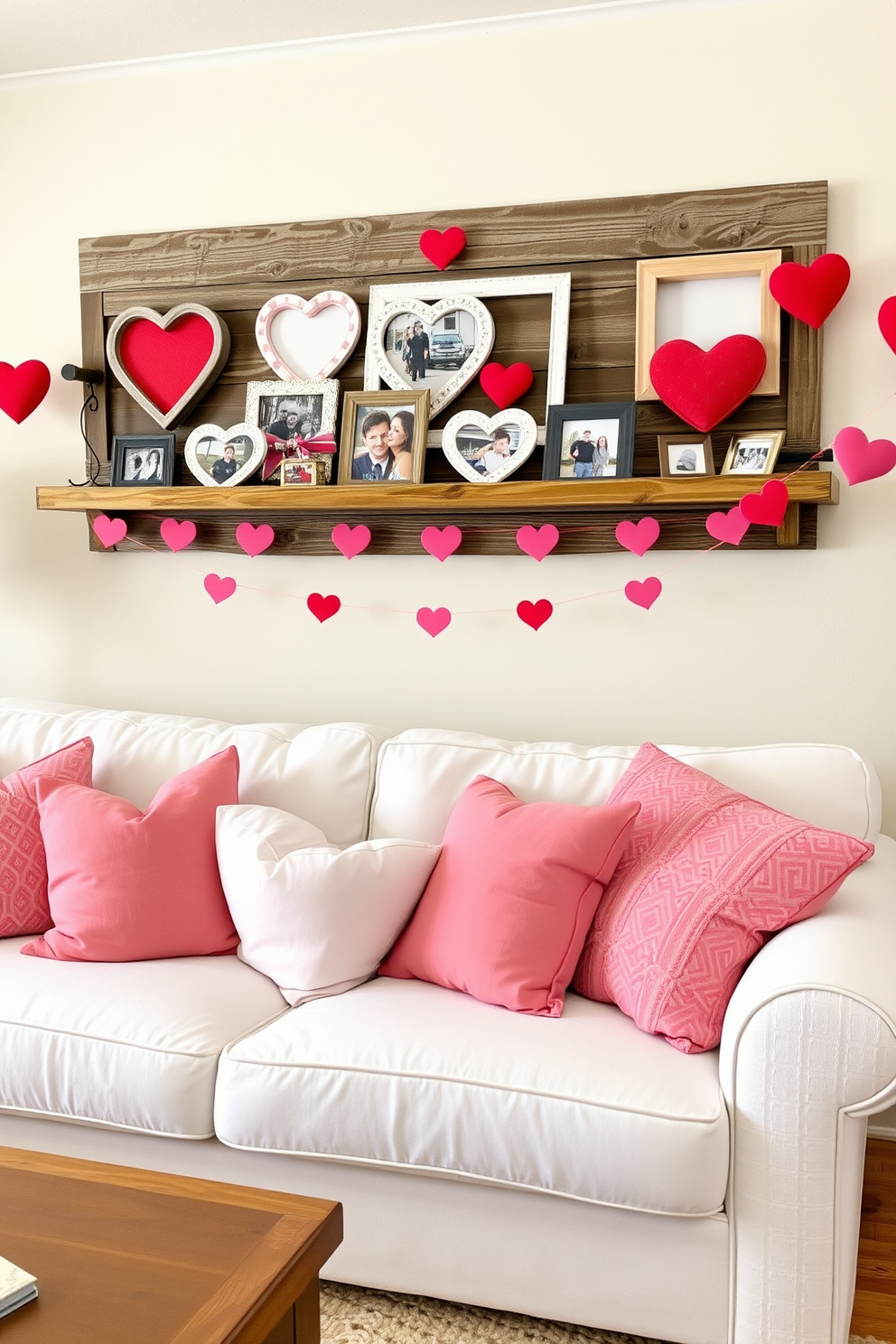 A cozy living room adorned for Valentine's Day, featuring heart-shaped photo frames displayed on a rustic wooden shelf. Soft pink and red throw pillows are scattered across a plush white sofa, creating a warm and inviting atmosphere.