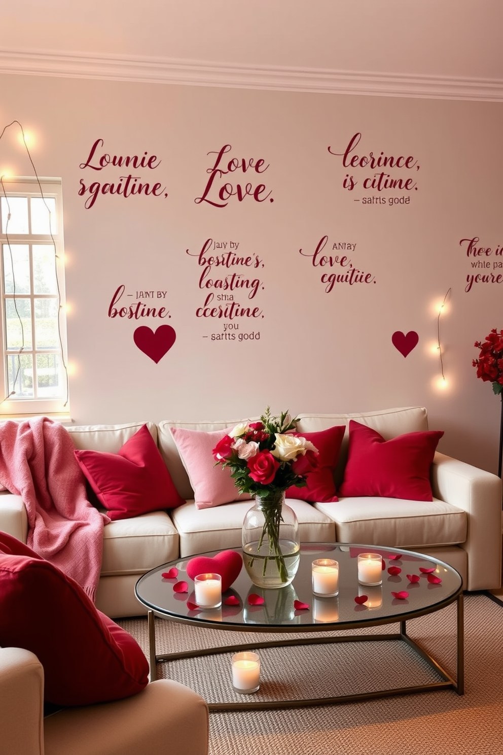 A cozy living room adorned with love quotes elegantly painted on the walls in stylish typography. Plush cushions in shades of red and pink are scattered across a soft, cream-colored sofa, complemented by a heart-themed throw blanket draped over the armrest. A coffee table at the center features a romantic arrangement of fresh flowers in a glass vase, surrounded by heart-shaped candles. String lights are delicately hung around the windows, casting a warm, inviting glow perfect for celebrating Valentine's Day.