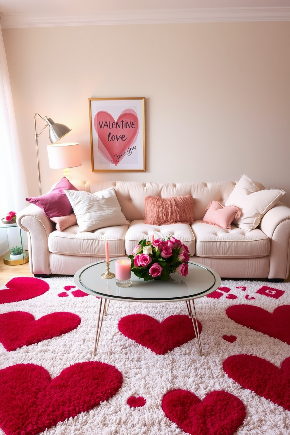 A cozy living room adorned with heart-patterned rugs that add a festive touch for Valentine's Day. The space features a plush, oversized sofa in soft pastels, complemented by throw pillows in various shades of pink and red. A charming coffee table sits in the center, adorned with a bouquet of fresh roses and heart-shaped candles. Soft, ambient lighting from stylish floor lamps creates a warm and inviting atmosphere, perfect for celebrating love.