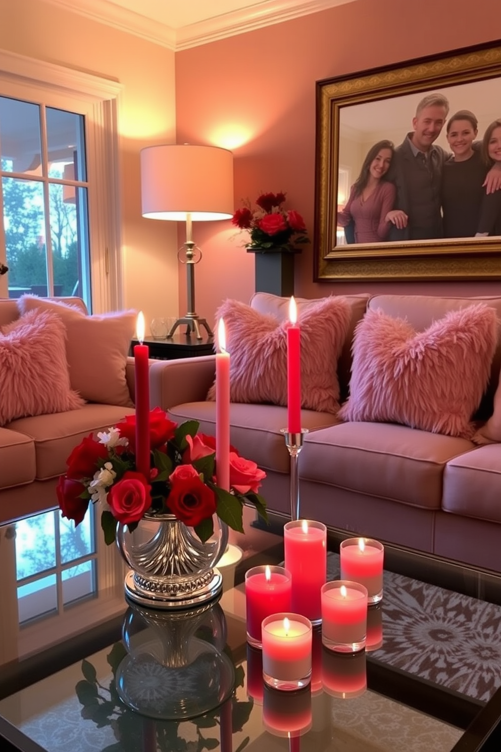 A cozy living room adorned for Valentine's Day features an elegant arrangement of red and pink candles placed on a stylish coffee table. Soft, ambient lighting enhances the romantic atmosphere, while plush throw pillows in coordinating colors add a touch of warmth to the seating area.