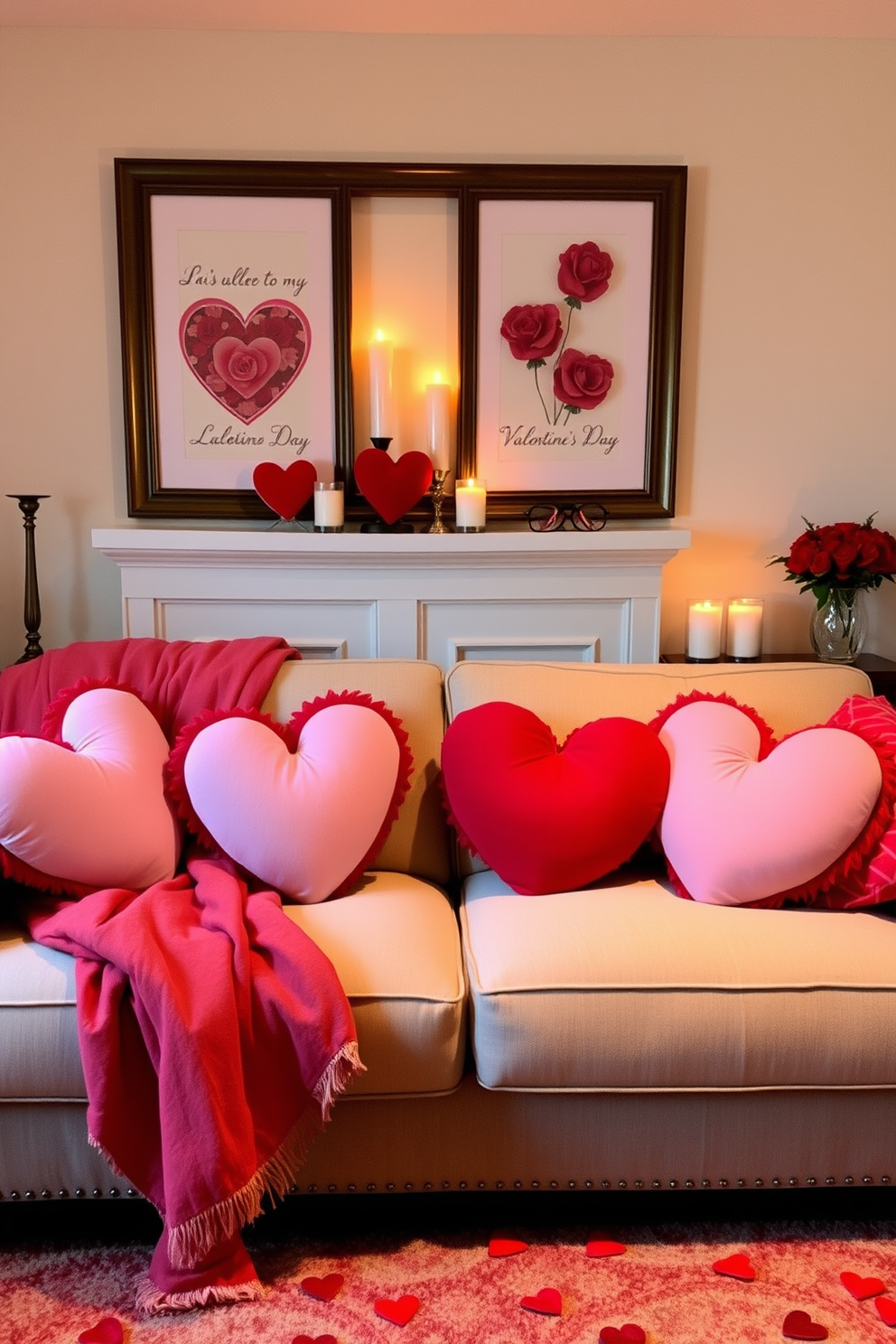 A cozy living room adorned for Valentine's Day features a plush sofa draped with soft, heart-shaped throw pillows in various shades of red and pink. The warm lighting casts a romantic glow, while decorative candles and framed love-themed artwork enhance the inviting atmosphere.