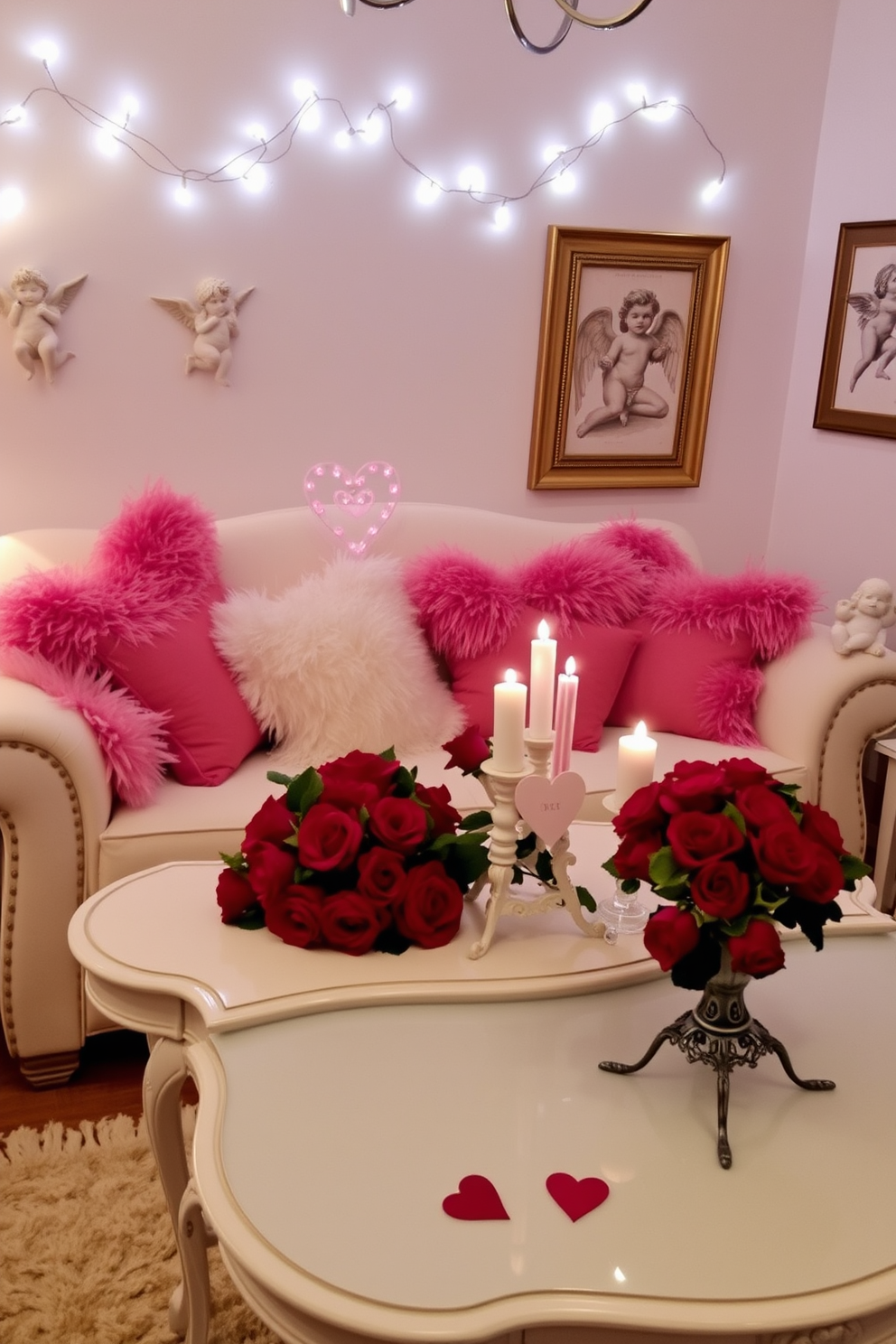 A romantic living room adorned with cupids and cherubs figurines, creating a whimsical atmosphere. Plush pink and white cushions are arranged on a soft, cream-colored sofa, while delicate fairy lights twinkle above, enhancing the Valentine's Day theme. A vintage coffee table is decorated with an elegant arrangement of red roses and heart-shaped candles. On the walls, framed art featuring cherubs adds a touch of classic charm, completing the festive decor.