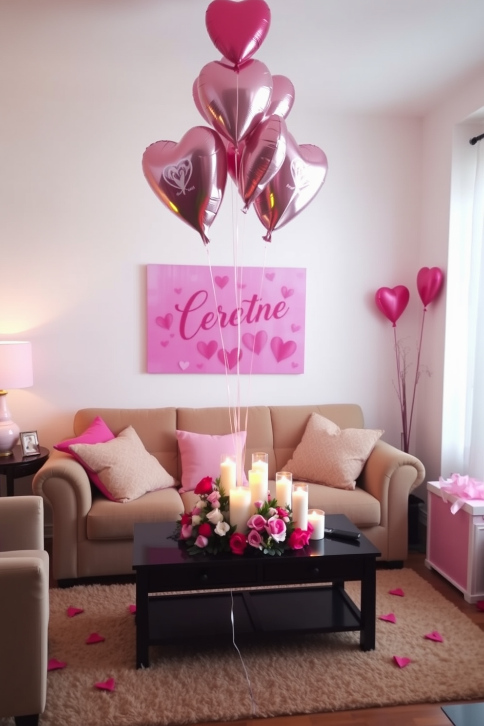 A cozy living room adorned for Valentine's Day, featuring heart-shaped balloons floating gracefully above a plush sofa. The walls are decorated with soft pink accents, and a coffee table is set with a romantic arrangement of candles and fresh flowers.