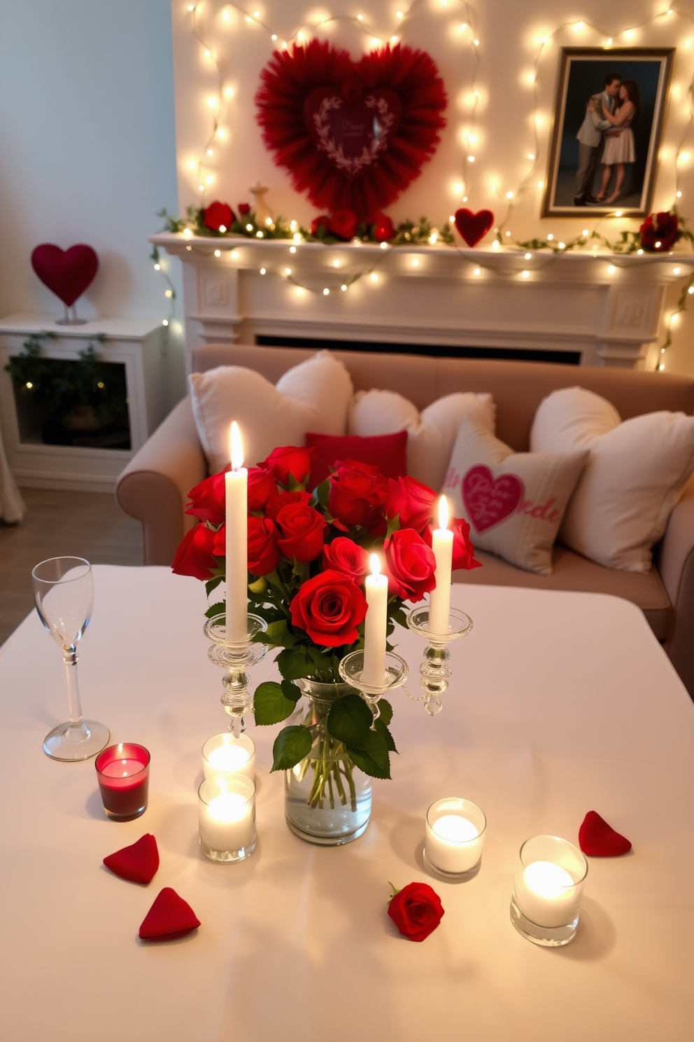 A romantic table setting featuring a beautifully arranged dining table with a soft, white tablecloth. Centered on the table is a bouquet of red roses in an elegant vase, surrounded by flickering candlelight in crystal holders. The living room is adorned with plush, heart-themed throw pillows on a cozy sofa, inviting warmth and intimacy. Soft, ambient lighting casts a gentle glow, enhancing the romantic atmosphere with delicate garlands of fairy lights draped across the mantle.