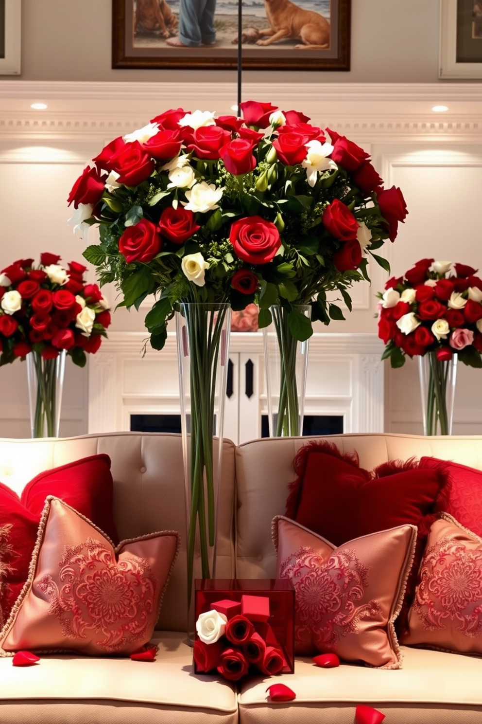 A romantic living room adorned for Valentine's Day, featuring a stunning arrangement of red and white floral bouquets displayed in elegant vases. Soft, ambient lighting casts a warm glow over plush seating, with decorative pillows that echo the floral colors, creating an inviting and festive atmosphere.