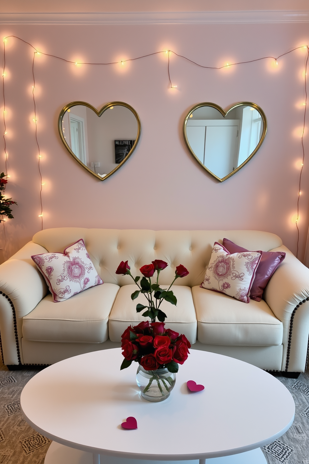 A cozy living room adorned for Valentine's Day features two heart-shaped mirrors hanging above a plush, cream-colored sofa. The walls are painted in soft pastel tones, and decorative pillows with love-themed patterns are scattered across the sofa. A stylish coffee table sits in the center, topped with a bouquet of red roses in a glass vase. String lights are draped around the windows, casting a warm glow that enhances the romantic atmosphere.