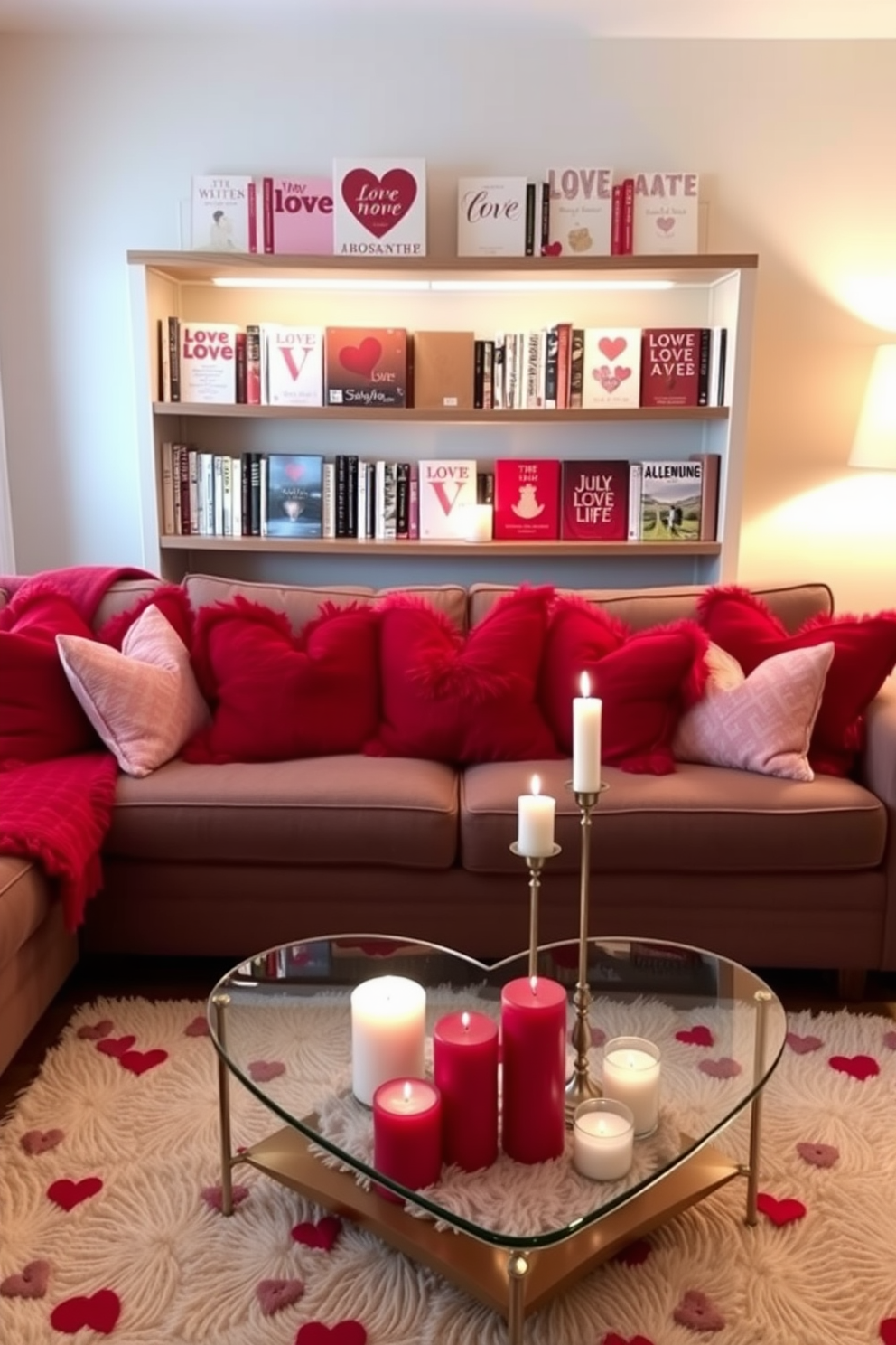 A cozy living room adorned with love-themed books displayed on a stylish wooden bookshelf. Soft, warm lighting creates an inviting atmosphere, while plush red and pink throw pillows are scattered across a comfortable sofa. A heart-shaped coffee table sits in the center, surrounded by a soft area rug featuring romantic patterns. Decorative candles in various sizes are arranged on the table, adding a touch of elegance and warmth for a Valentine's Day celebration.