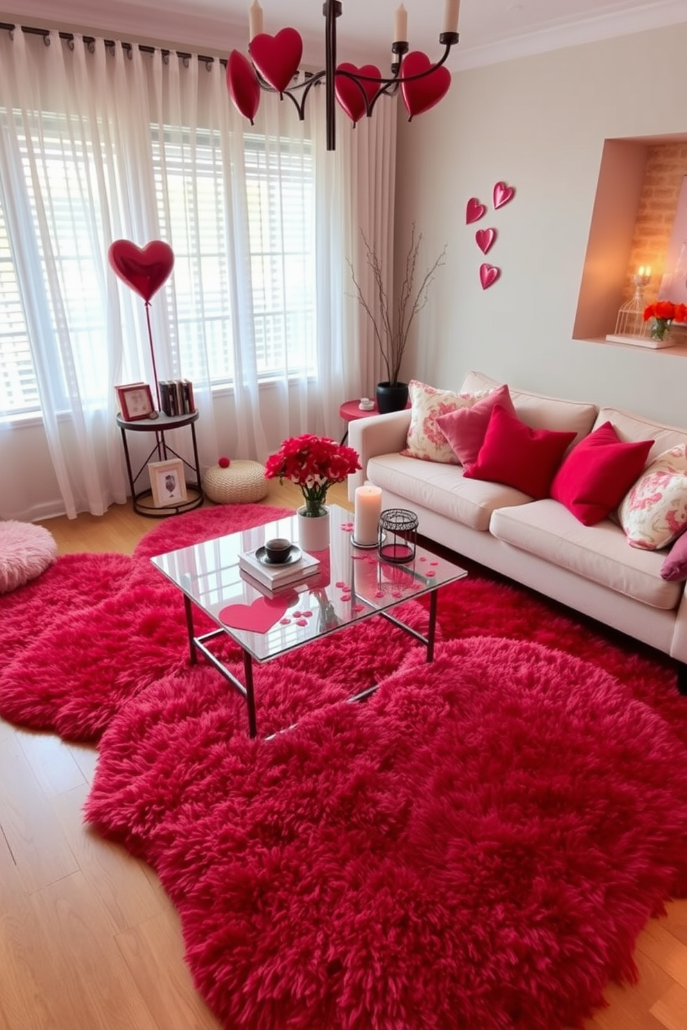 A cozy living room adorned for Valentine's Day features plush heart-shaped rugs in shades of pink and red, adding warmth to the space. A stylish coffee table sits atop the rugs, surrounded by soft cushions and romantic decor, creating an inviting atmosphere for relaxation and celebration.