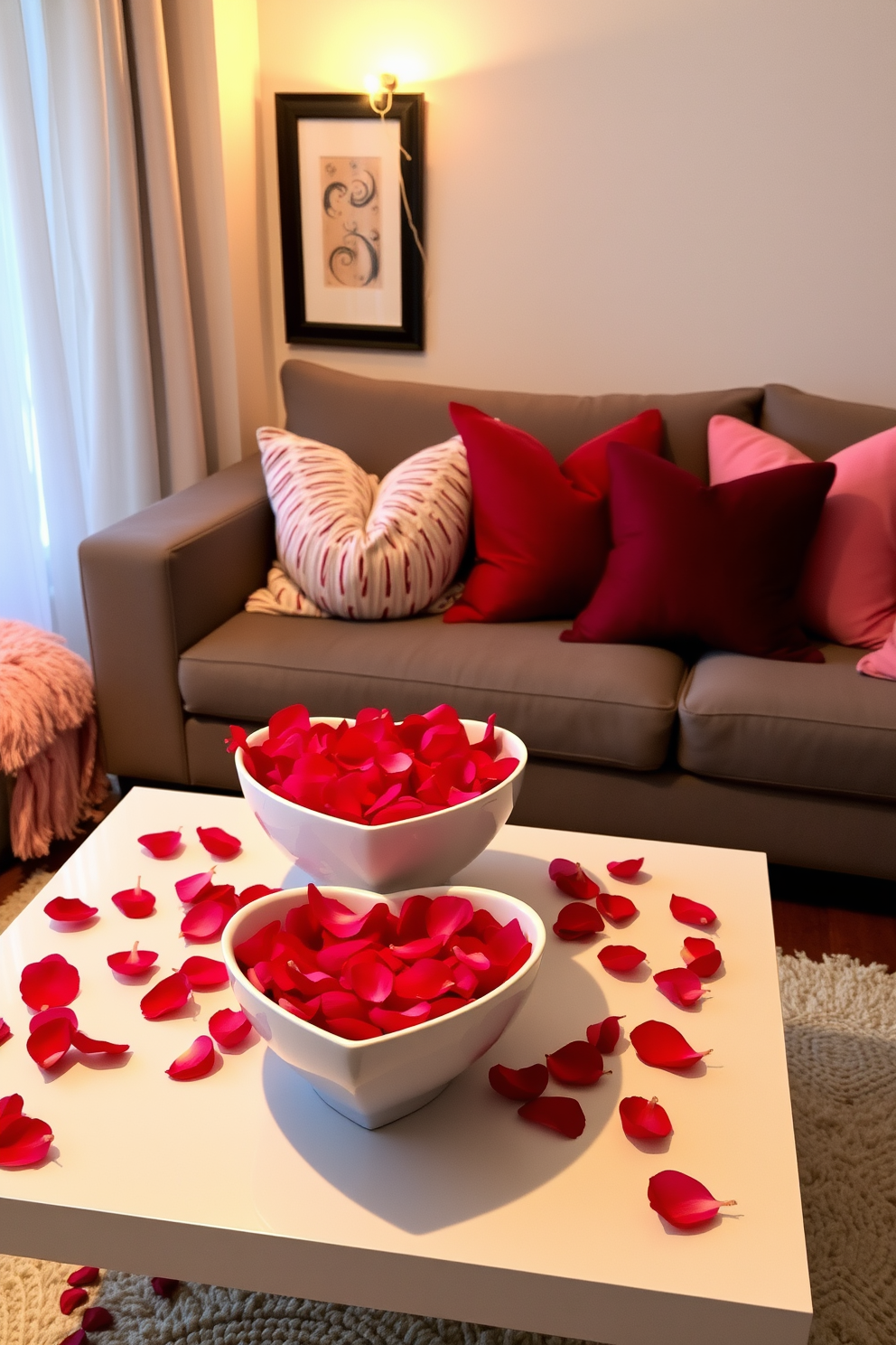 A cozy living room adorned for Valentine's Day features heart-shaped bowls filled with vibrant red and pink petals, strategically placed on a sleek coffee table. Soft, ambient lighting casts a warm glow, enhancing the romantic atmosphere created by plush throw pillows in shades of blush and deep crimson.