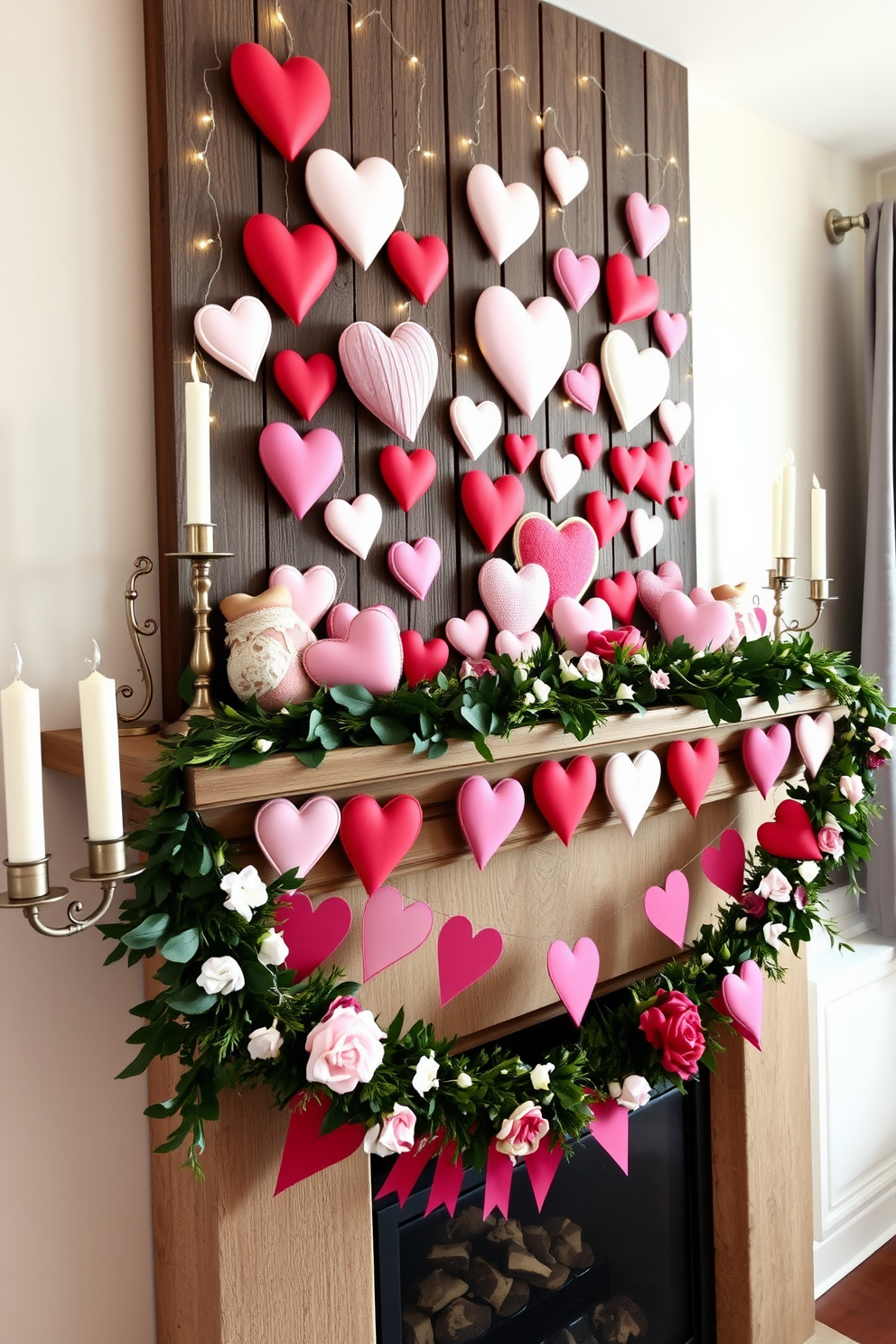 A heart-themed mantel decor features a rustic wooden mantel adorned with an array of heart-shaped decorations in various sizes and materials. Soft pink and red accents are complemented by twinkling fairy lights, creating a warm and inviting atmosphere perfect for Valentine's Day. Flanking the mantel are elegant candlesticks with white candles, adding a touch of sophistication to the festive display. A garland of fresh greenery intertwined with faux flowers brings a natural element, enhancing the romantic vibe of the living room.