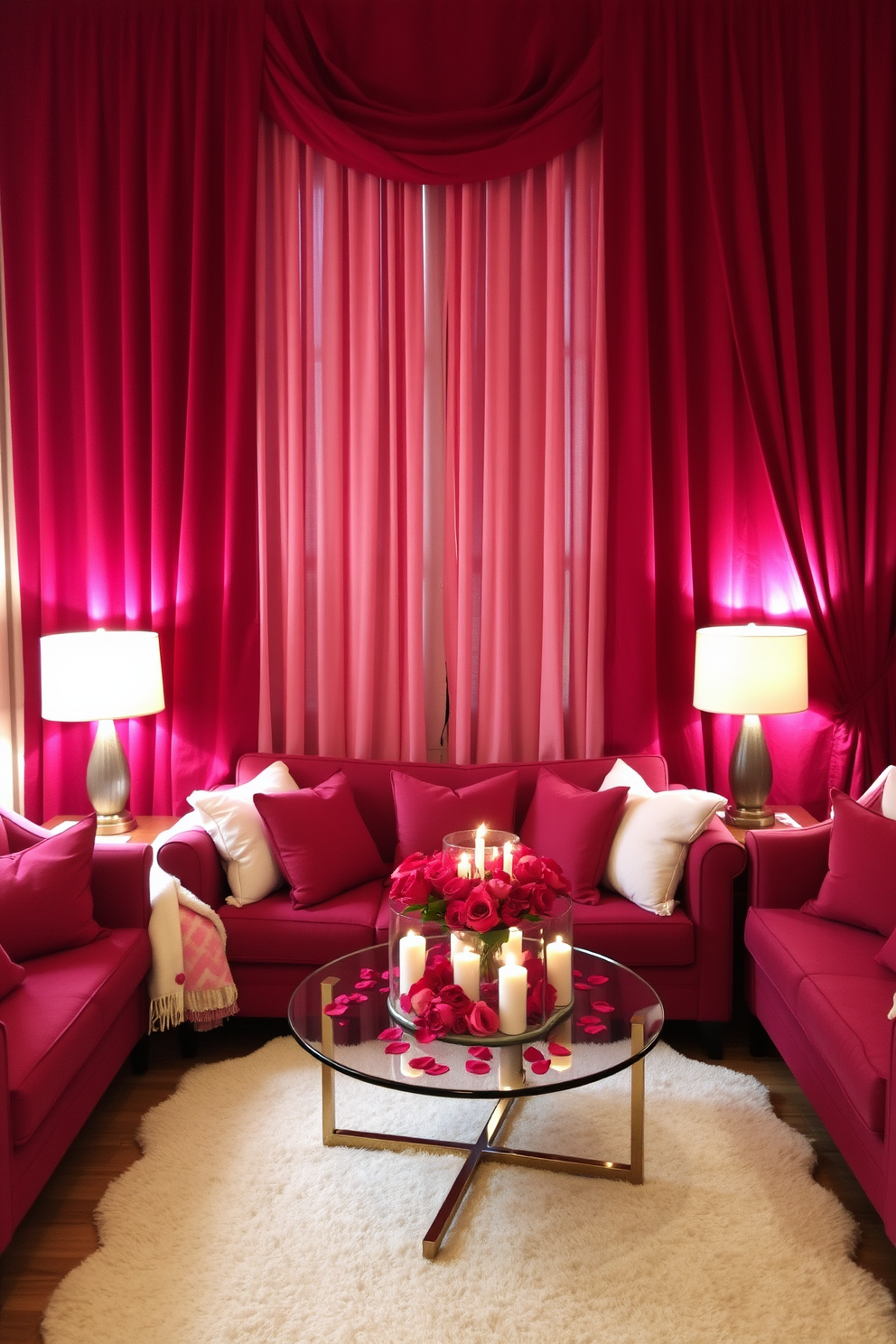 A cozy living room adorned with rich red velvet curtains that cascade elegantly from the ceiling to the floor, creating a warm and inviting atmosphere. The space is accented with plush cushions and a soft throw blanket in shades of pink and white, perfect for a romantic Valentine's Day setting. A stylish coffee table sits at the center, adorned with a heart-shaped centerpiece filled with fresh roses and candles. Soft lighting from strategically placed lamps enhances the intimate ambiance, making it an ideal spot for celebrating love.