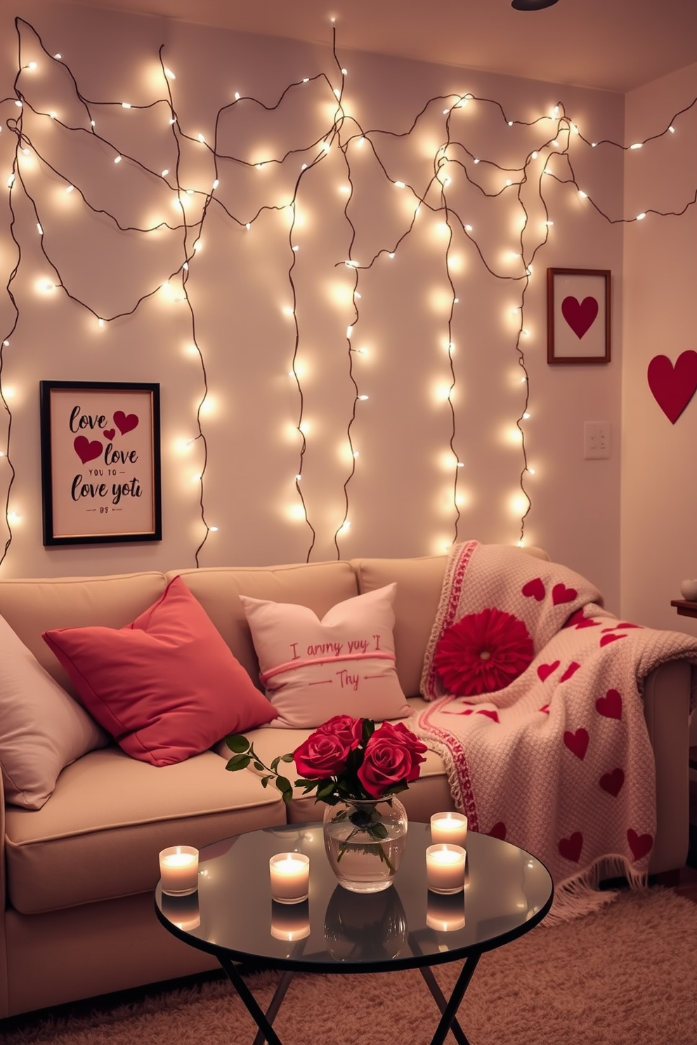 A cozy living room adorned with romantic fairy lights draped elegantly across the ceiling, creating a warm and inviting atmosphere. Plush cushions in shades of soft pink and red are scattered on a comfortable sofa, while a heart-themed throw blanket adds a touch of Valentine's Day charm. A small coffee table is set with a beautiful arrangement of fresh roses in a delicate vase, surrounded by flickering candles. The walls are decorated with framed love quotes and subtle heart motifs, enhancing the festive spirit of the space.