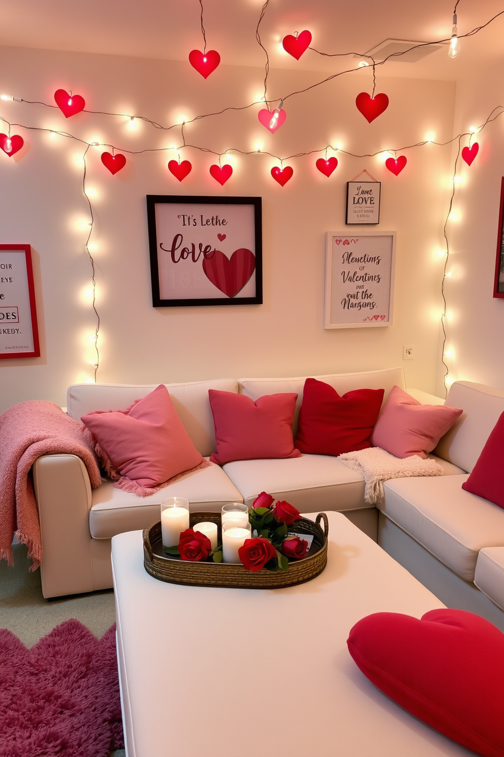 A cozy living room adorned with heart-shaped fairy lights strung across the ceiling, casting a warm, romantic glow throughout the space. Plush cushions in shades of pink and red are scattered on a soft, white sofa, while a heart-themed throw blanket drapes over the armrest. A coffee table in the center features a decorative tray holding scented candles and a bouquet of fresh roses. The walls are decorated with framed love quotes and whimsical art, creating an inviting atmosphere perfect for a Valentine's Day celebration.