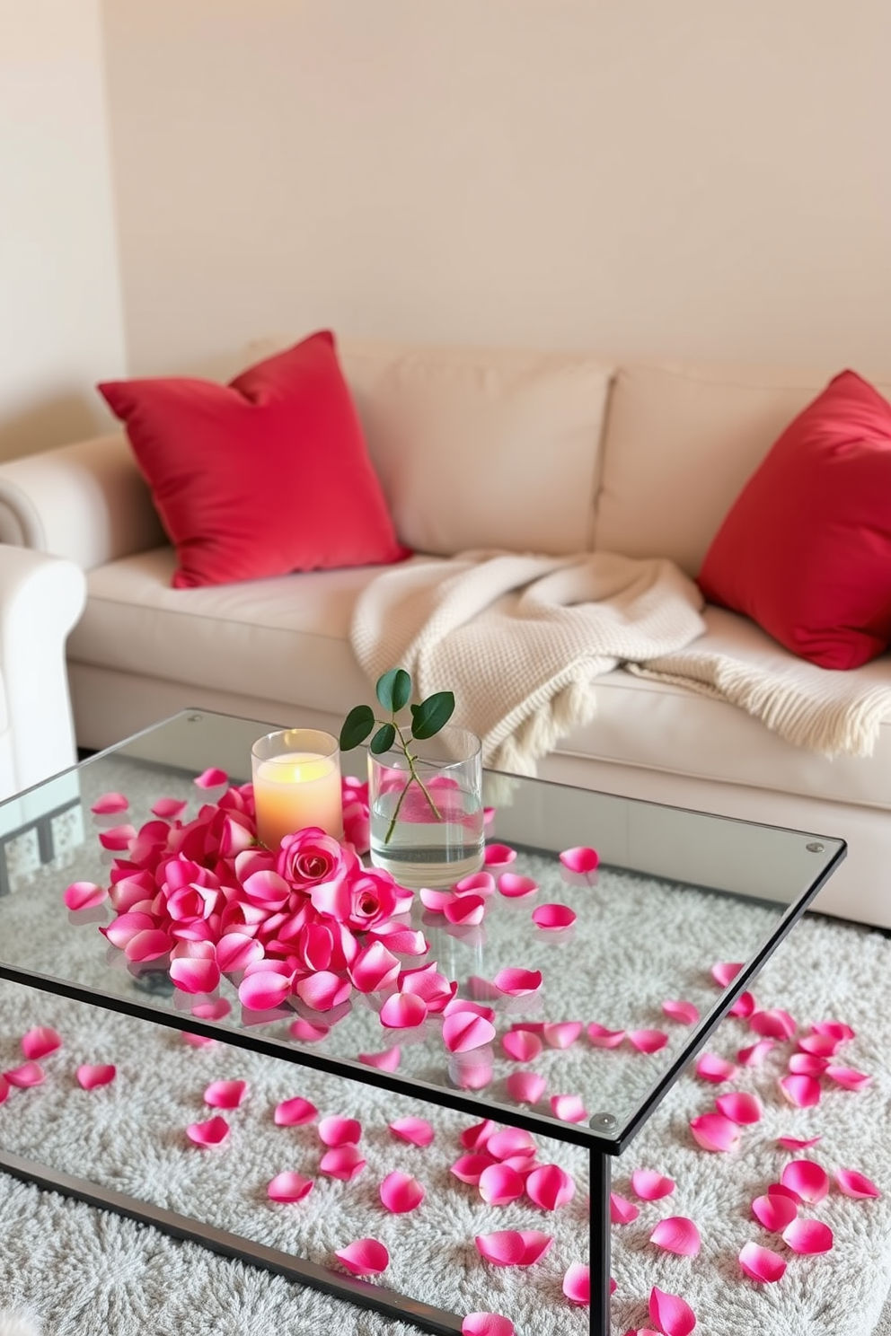 A romantic living room adorned for Valentine's Day features a delicate rose petal table runner cascading over a sleek glass coffee table. Soft, ambient lighting illuminates the space, enhancing the warm hues of plush cushions and a cozy throw blanket draped over the sofa.