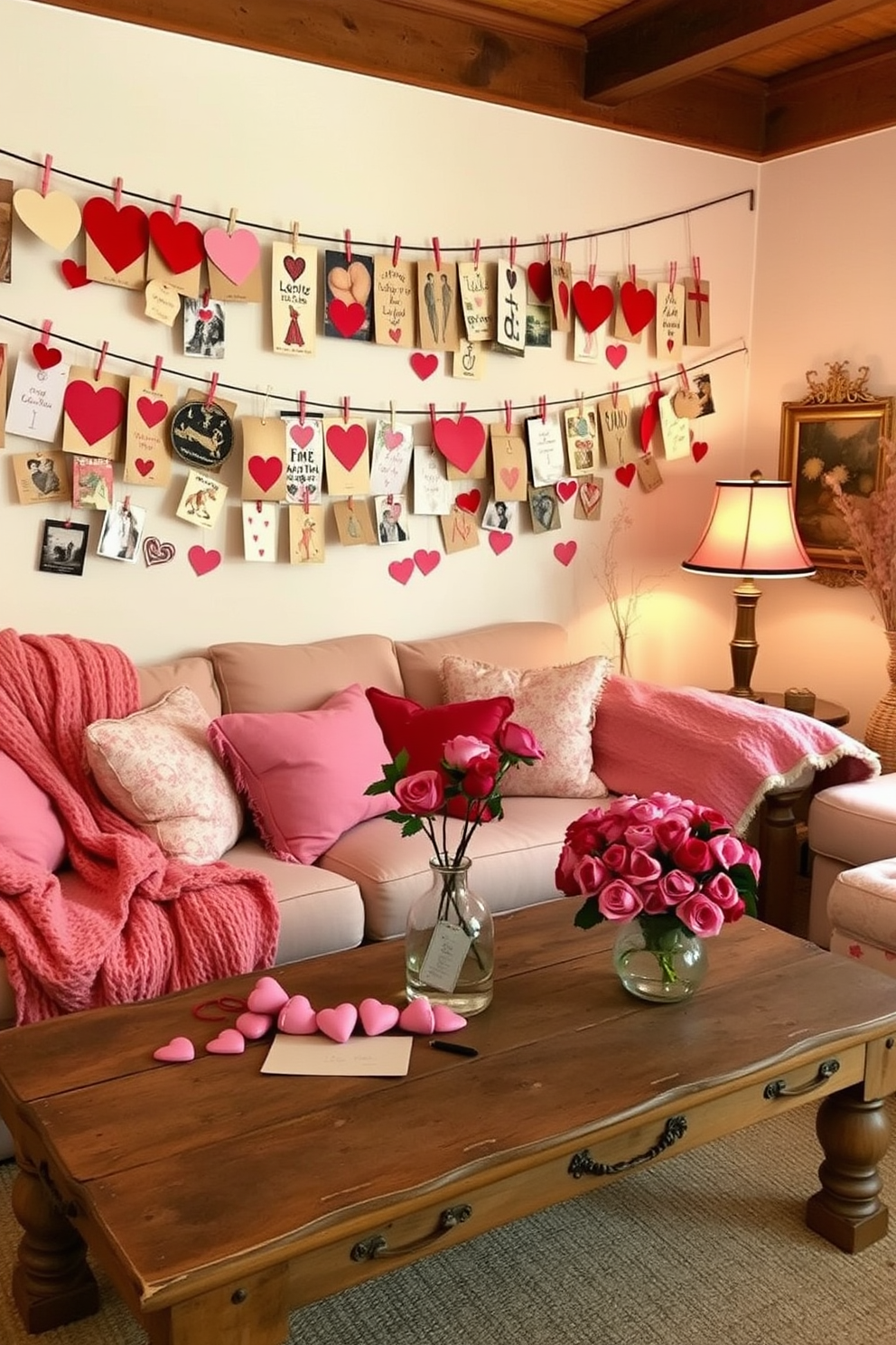 A charming living room adorned with vintage Valentine's Day cards displayed on a string across the wall, creating a whimsical and nostalgic atmosphere. The room features a cozy sofa draped with soft, heart-patterned throws and accented by plush cushions in shades of pink and red. A rustic coffee table holds an array of heart-shaped decorations and a bouquet of fresh roses in a vintage vase. Soft, warm lighting from a nearby lamp enhances the romantic ambiance, inviting guests to relax and enjoy the festive decor.