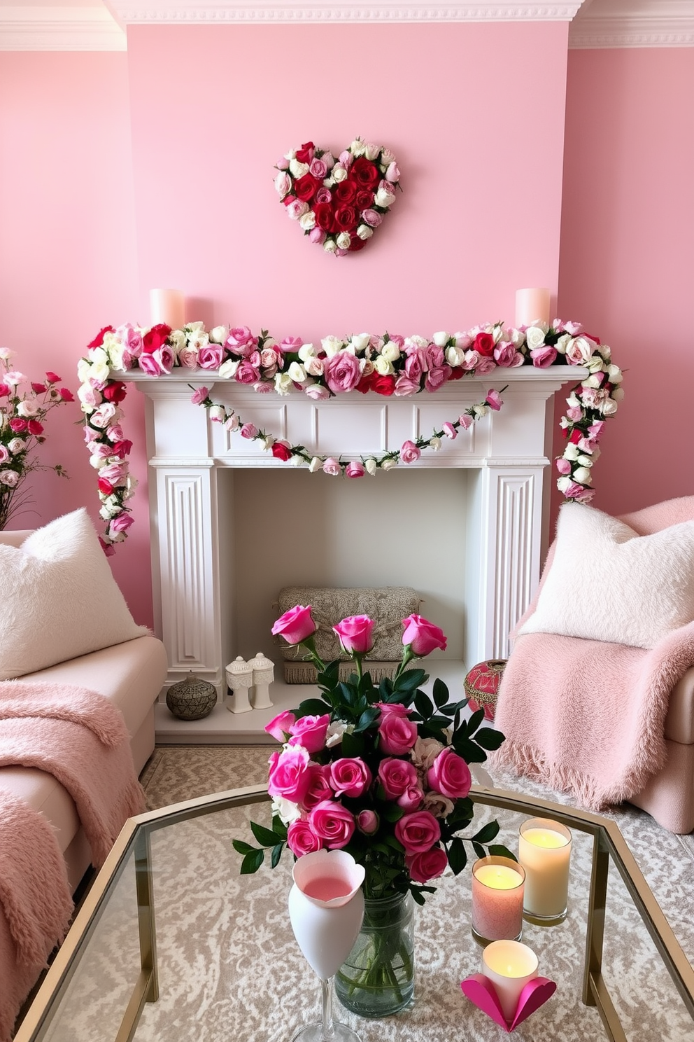 A cozy living room adorned with floral garlands draped elegantly across the mantelpiece. Soft pastel colors dominate the decor, with plush cushions and throws inviting warmth and comfort, creating a romantic atmosphere for Valentine's Day. The walls are painted in a soft blush hue, complementing the vibrant colors of the flowers. A coffee table is adorned with heart-shaped candles and a bouquet of fresh roses, enhancing the festive spirit of the occasion.