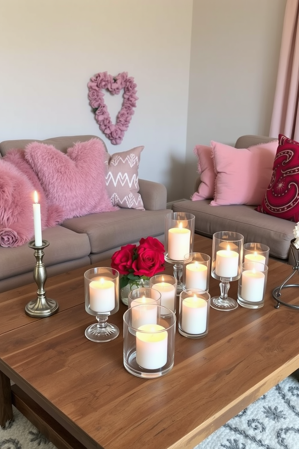 A cozy living room adorned for Valentine's Day, featuring an array of candles in elegant glass holders scattered across a rustic wooden coffee table. Soft, warm lighting enhances the romantic ambiance, while plush throw pillows in shades of pink and red complement the decor.