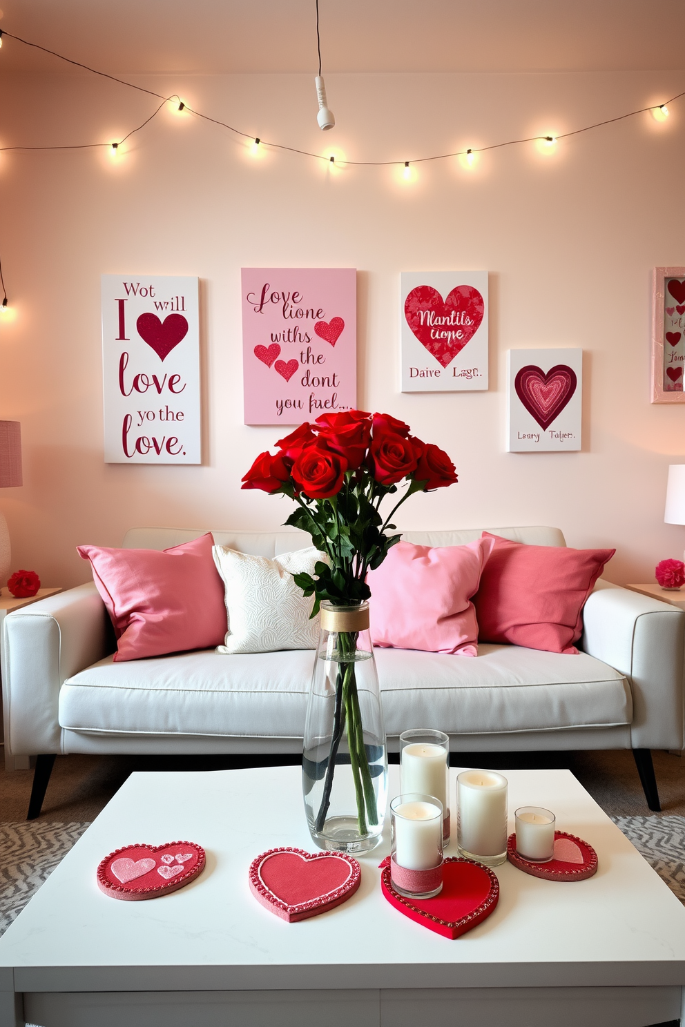 A cozy living room adorned with love-themed wall art that features romantic quotes and vibrant heart designs. The walls are painted in soft pastels, complemented by plush cushions in shades of pink and red on a stylish sofa. A beautifully arranged coffee table holds a bouquet of red roses in a chic vase, surrounded by heart-shaped coasters and decorative candles. String lights drape across the room, creating a warm, inviting atmosphere perfect for a Valentine's Day celebration.