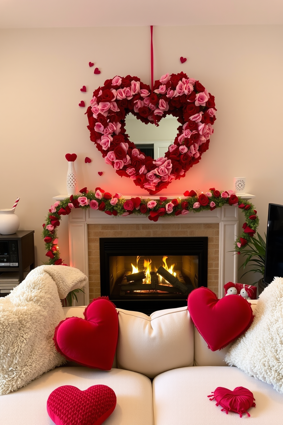 A cozy living room adorned for Valentine's Day features a heart-shaped wreath made of lush red and pink flowers, hanging prominently above the fireplace. Soft, ambient lighting casts a warm glow, while plush throw pillows in heart motifs are scattered across a neutral-colored sofa, inviting relaxation and romance.