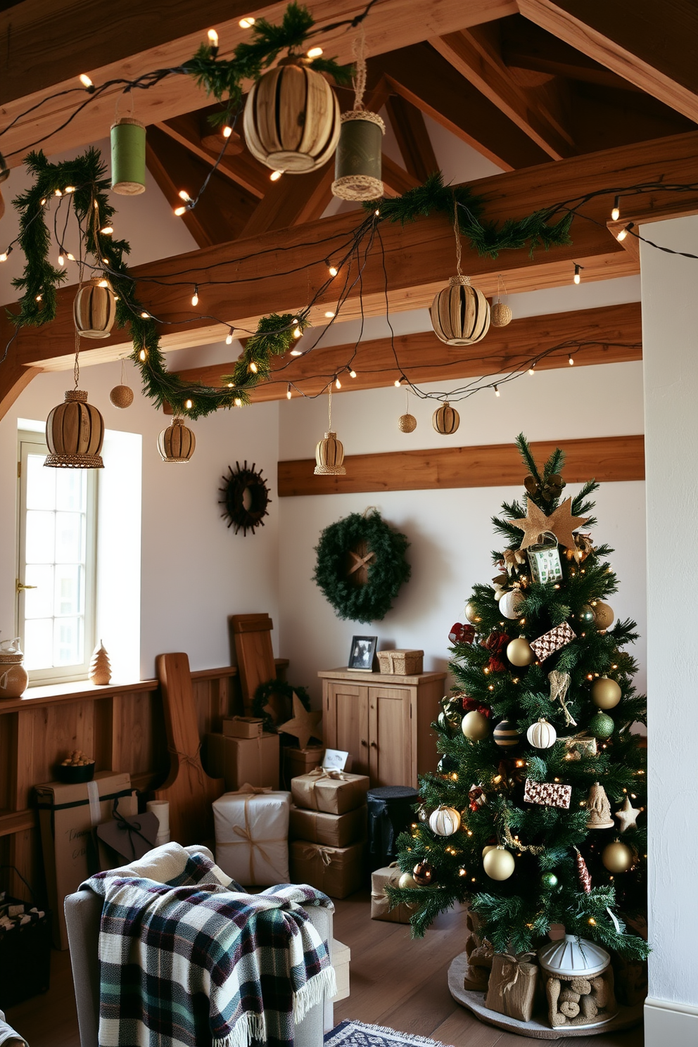 A cozy loft adorned with rustic wooden ornaments hanging from exposed beams creates a warm and inviting atmosphere. Twinkling fairy lights intertwined with greenery add a festive touch, complementing the natural wood tones. A beautifully decorated Christmas tree stands in the corner, surrounded by wrapped gifts in earthy tones. Vintage-style ornaments and handmade decorations enhance the rustic charm, while a soft plaid blanket drapes over a nearby armchair.