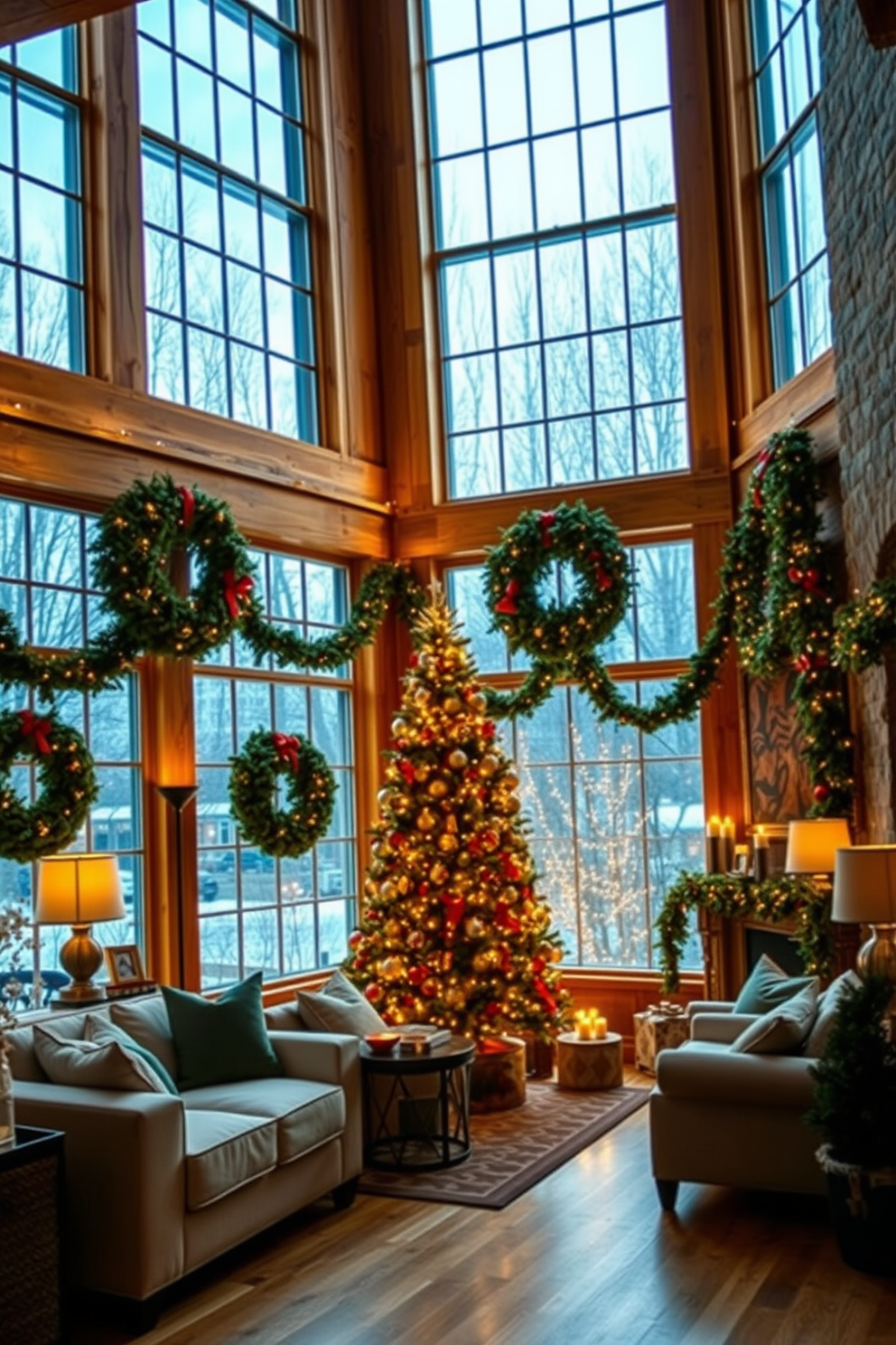 A cozy loft adorned for Christmas features oversized windows draped with elegant wreaths, bringing a festive touch to the space. The natural light filters through, highlighting the rustic wooden beams and warm, inviting decor that complements the holiday spirit. The interior showcases a blend of modern and traditional elements, with plush furnishings arranged around a beautifully decorated tree. Twinkling lights and garlands enhance the festive atmosphere, creating a perfect setting for holiday gatherings.