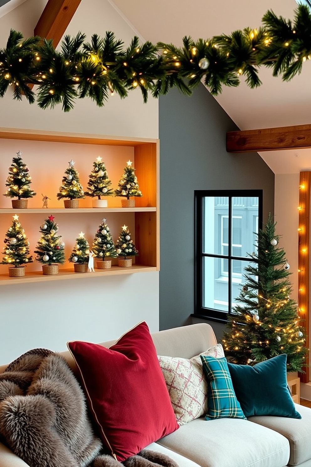 Miniature trees are artfully arranged on open shelves, creating a whimsical and festive atmosphere. Each tree is adorned with delicate ornaments and twinkling fairy lights, enhancing the holiday spirit. The loft is transformed into a cozy winter retreat, with garlands draping over the exposed beams. Plush throws and cushions in rich, warm colors invite relaxation while twinkling lights add a magical touch to the space.