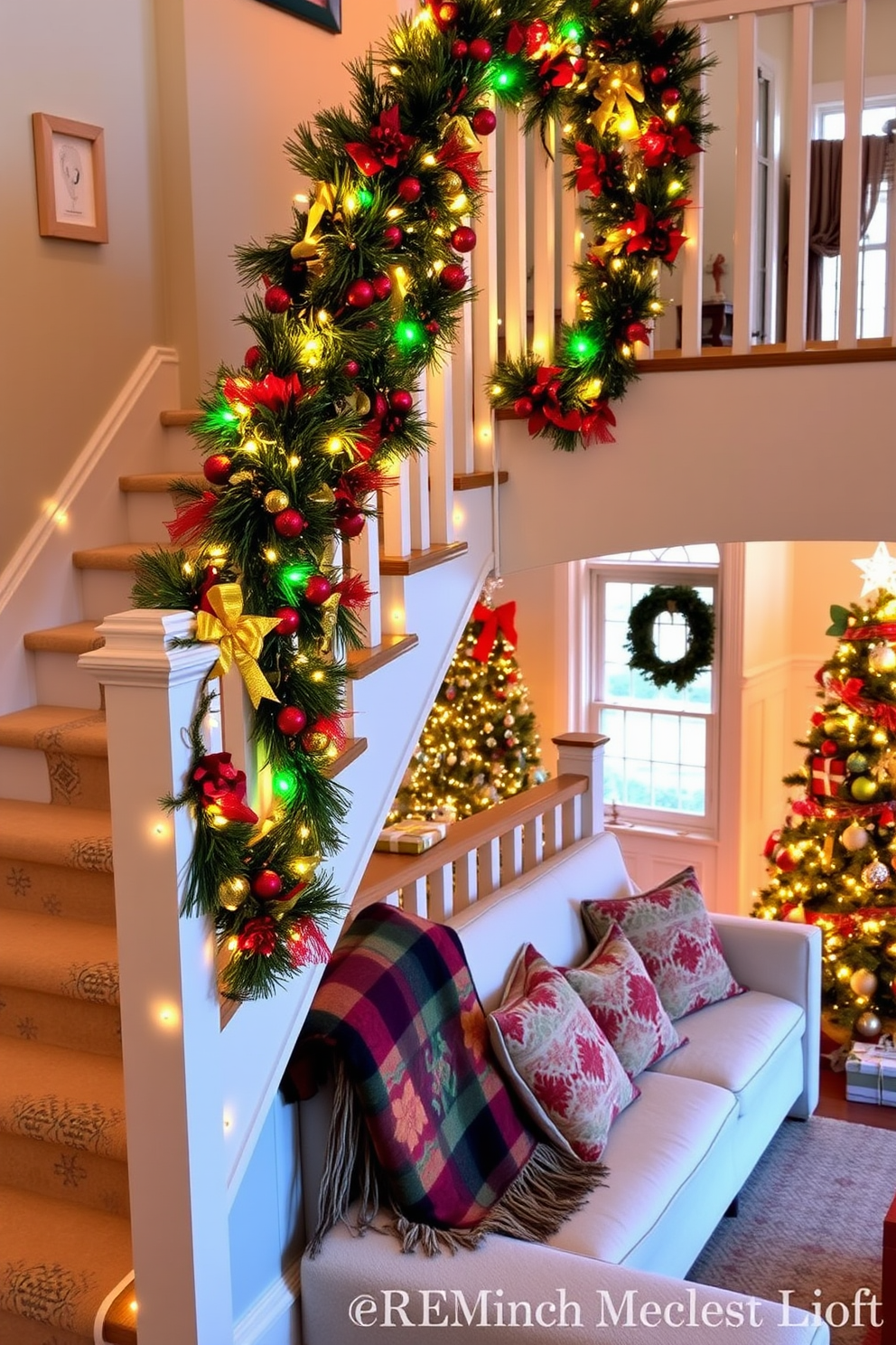 Colorful garlands drape elegantly along the stair railings, adorned with twinkling fairy lights that create a warm, inviting glow. The vibrant hues of red, green, and gold add a festive touch, enhancing the overall charm of the staircase. In the loft, Christmas decorations embrace a cozy and whimsical atmosphere. Plush throw blankets and decorative pillows in seasonal patterns are arranged on a comfortable sofa, while a beautifully decorated tree stands in the corner, surrounded by wrapped presents.