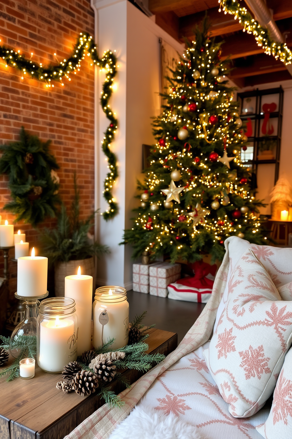 A cozy corner adorned with candles in mason jars, casting a warm glow throughout the space. The jars are arranged on a rustic wooden table, surrounded by natural elements like pinecones and sprigs of evergreen. A stylish loft decorated for Christmas, featuring a large tree adorned with twinkling lights and handmade ornaments. The space is enhanced with garlands draped over exposed beams and a collection of festive throw pillows on a plush sofa.