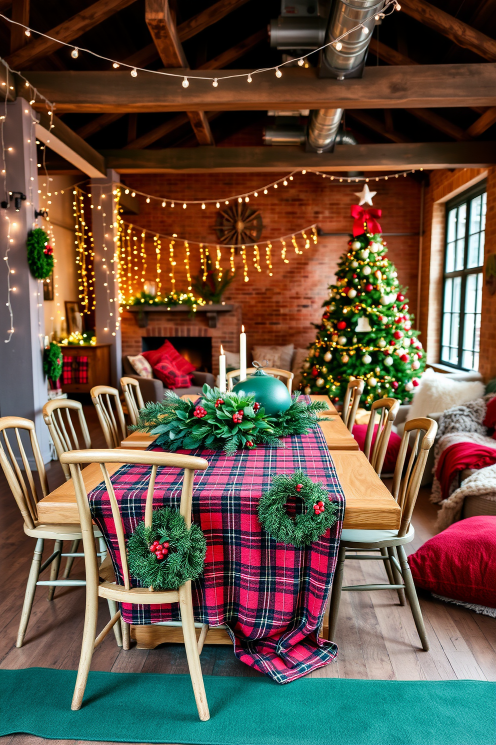 A festive table setting features a vibrant plaid tablecloth draped elegantly over a long wooden dining table, adorned with a centerpiece of evergreen branches and red berries. Surrounding the table are mismatched vintage chairs, each decorated with a small holiday wreath hanging from the backrest. For a loft Christmas decorating idea, the space is filled with twinkling string lights that cascade from exposed beams, creating a warm and inviting atmosphere. A large, decorated Christmas tree stands in the corner, surrounded by cozy throw blankets and plush cushions that invite relaxation.