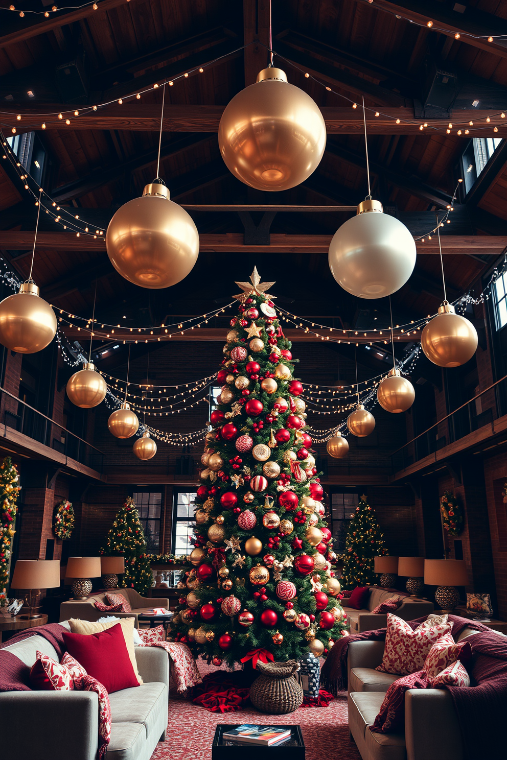 A warm and inviting loft space adorned with oversized ornaments as focal points. The high ceilings are draped with twinkling string lights, creating a festive atmosphere that complements the rustic wooden beams. In the center, a large, beautifully decorated Christmas tree stands, its branches heavy with oversized baubles in rich reds and golds. Surrounding the tree, plush seating areas are arranged with cozy throws and festive pillows, inviting guests to relax and enjoy the holiday spirit.