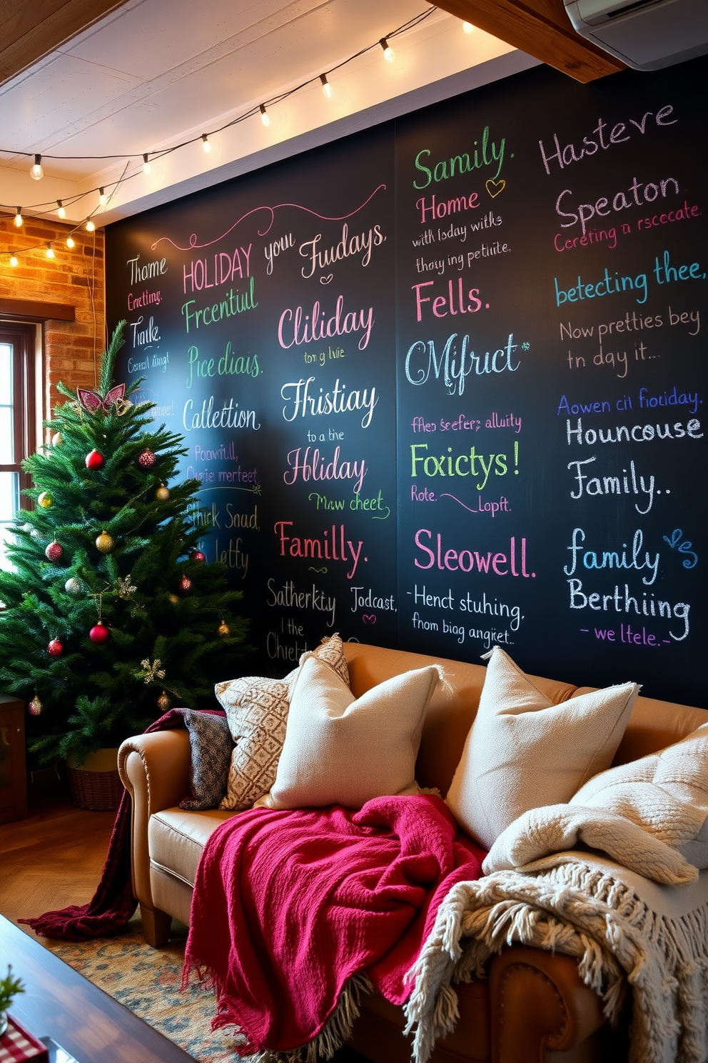 A cozy loft space featuring a chalkboard wall adorned with festive holiday messages in colorful chalk. The room is decorated with string lights, a lush evergreen tree in the corner, and a mix of rustic wooden furniture and modern accents. The chalkboard wall serves as a dynamic backdrop for seasonal greetings and family notes. Plush throw pillows and warm blankets are scattered across a comfortable sofa, creating an inviting atmosphere for gatherings.