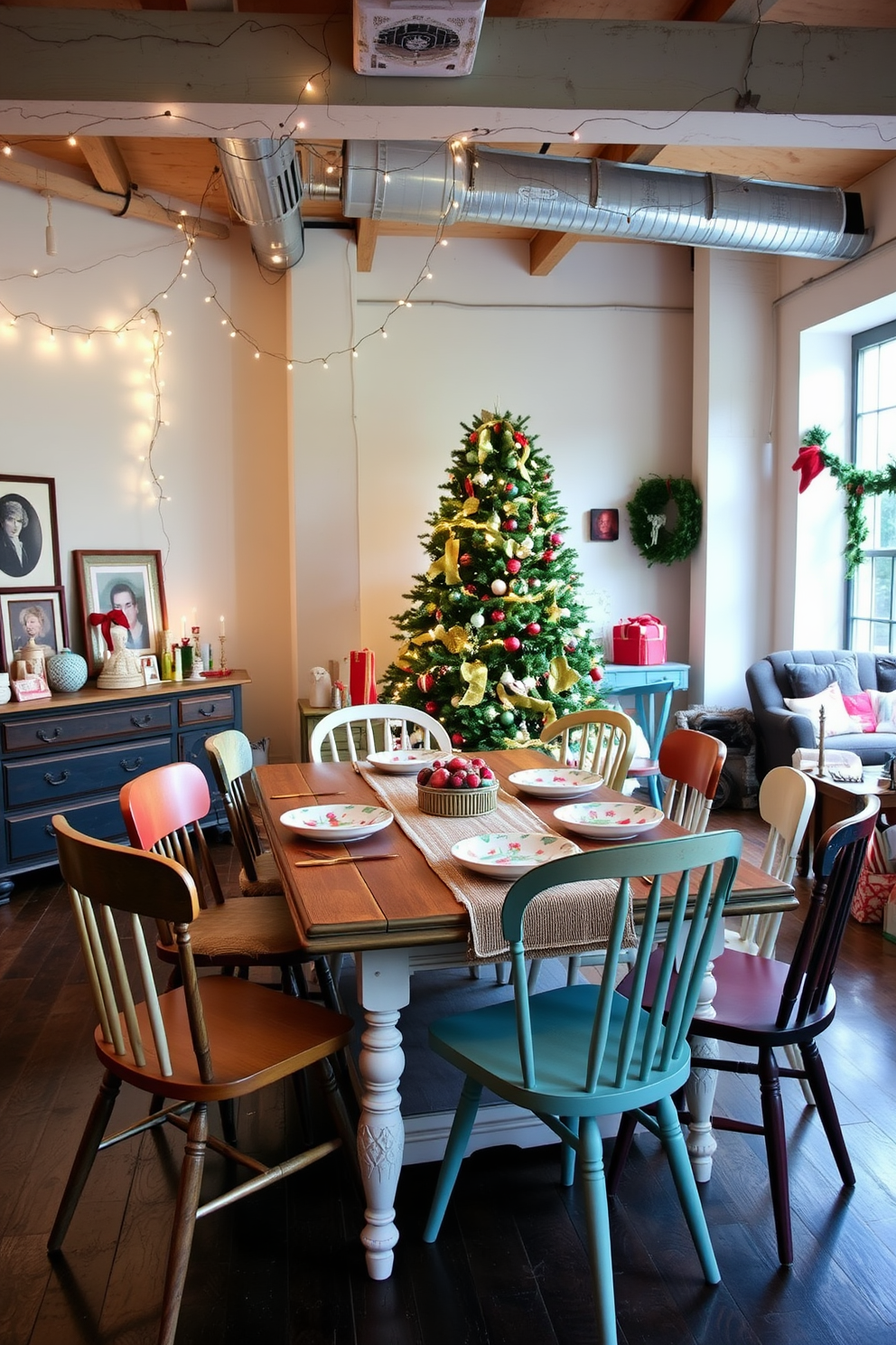 A communal dining table is surrounded by an eclectic mix of mismatched chairs, each featuring unique designs and colors that create a vibrant, inviting atmosphere. The table is set with a rustic table runner and an assortment of decorative plates, enhancing the charm of this casual dining space. The loft is transformed into a festive wonderland with creative Christmas decorations that blend modern and traditional elements. Twinkling fairy lights drape from exposed beams, while a beautifully adorned tree stands in the corner, surrounded by wrapped gifts and cozy textiles.