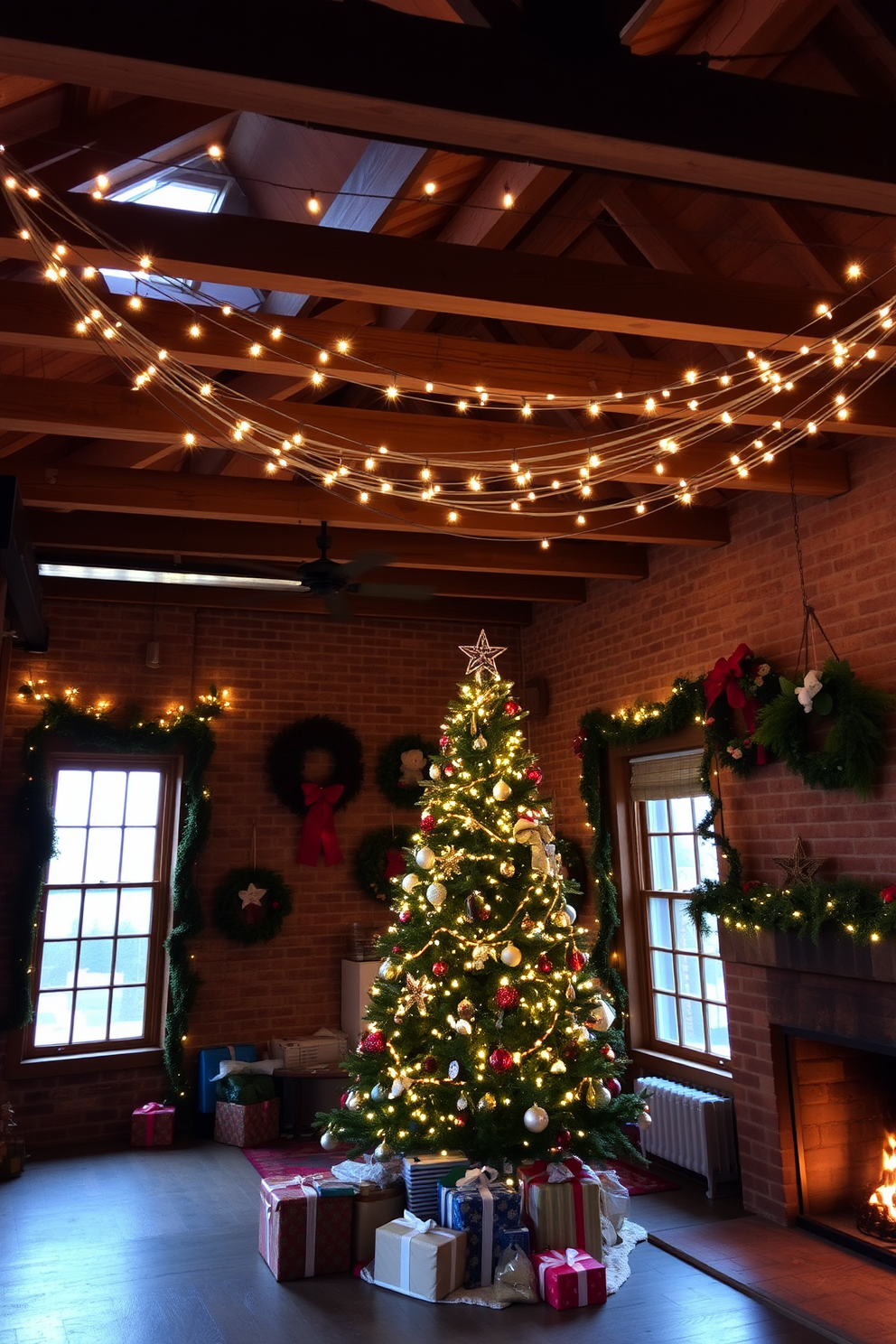 A cozy loft space adorned with festive charm. String lights are elegantly draped across the exposed ceiling rafters, casting a warm glow throughout the room. The walls are decorated with seasonal wreaths and garlands, enhancing the holiday spirit. A beautifully adorned Christmas tree stands in the corner, surrounded by carefully wrapped gifts and twinkling ornaments.