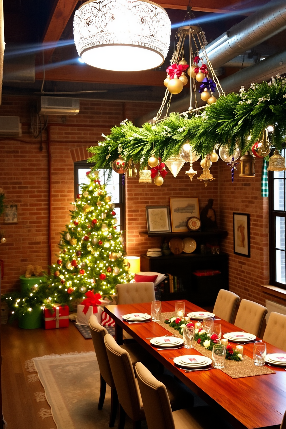 A cozy loft adorned for Christmas, featuring light fixtures draped with an array of colorful hanging ornaments that catch the light beautifully. The space is filled with rustic charm, with exposed brick walls and wooden beams, complemented by a large Christmas tree decorated with twinkling lights and handmade ornaments in one corner. The dining area showcases a long wooden table set with festive tableware, surrounded by plush chairs. Above, a statement chandelier is embellished with garlands of greenery and sparkling ornaments, creating a warm and inviting atmosphere for holiday gatherings.