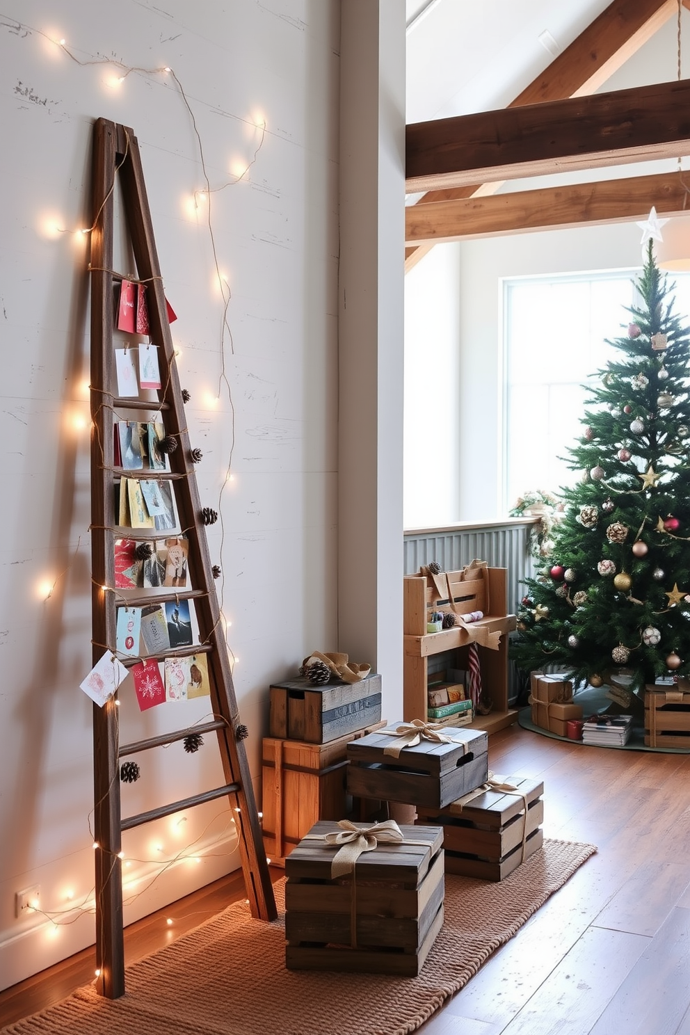 A rustic wooden ladder leans against a whitewashed wall, adorned with an array of colorful holiday cards clipped with twine. The floor beneath is covered in a cozy, textured rug, and soft fairy lights wrap around the ladder, creating a warm, inviting glow. In a spacious loft, a large Christmas tree stands in the corner, decorated with natural elements like pinecones and burlap ribbons. Surrounding the tree, vintage crates serve as unique gift displays, adding a charming, eclectic touch to the festive decor.