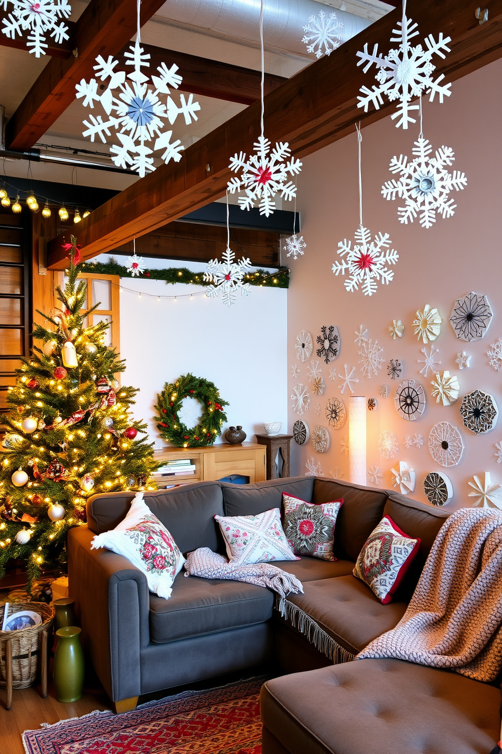 A cozy loft space adorned for Christmas, featuring handmade snowflakes crafted from recycled materials hanging from the ceiling. The decor includes a rustic wooden tree decorated with eco-friendly ornaments, with twinkling lights draped around the loft's exposed beams. A stylish seating area showcases a plush sectional couch adorned with festive throw pillows and a warm knitted blanket. The walls are lined with artful displays of DIY snowflakes, creating a whimsical winter wonderland atmosphere in the loft.