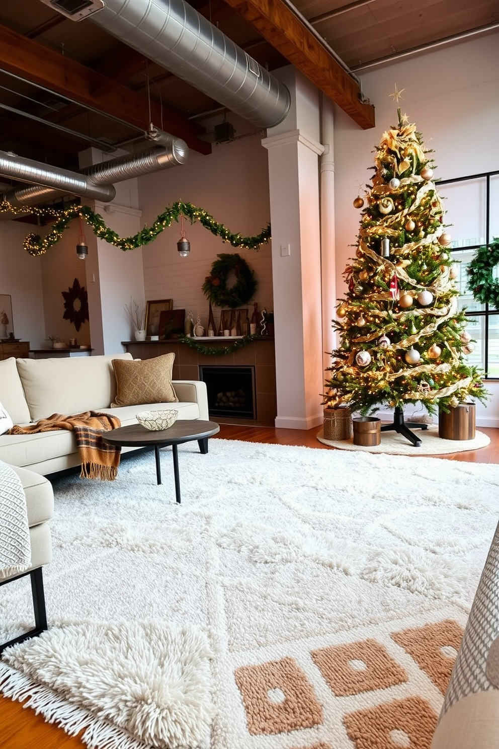 A cozy living room featuring layered rugs, with a large, plush area rug in a soft cream color layered over a smaller, geometric-patterned rug in warm earth tones. The combination creates a welcoming atmosphere, inviting relaxation and comfort. A stylish loft decorated for Christmas, showcasing a beautifully adorned tree in the corner with twinkling lights and rustic ornaments. The space is enhanced with festive garlands draped over exposed beams and decorative accents that reflect a modern holiday spirit.