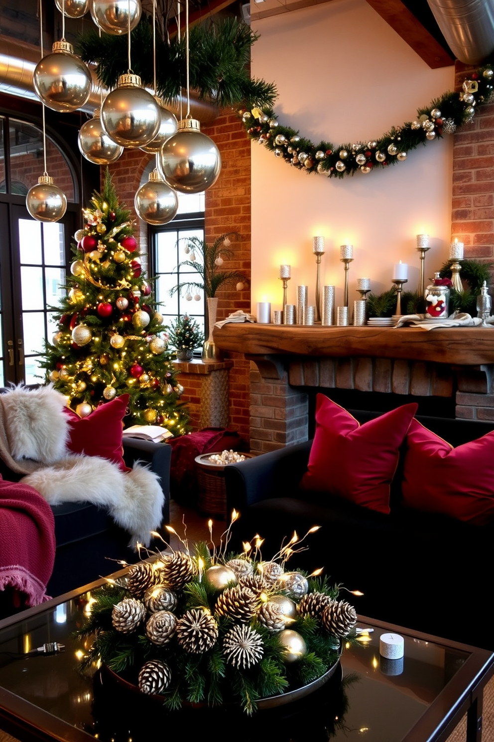 A cozy loft space adorned with holiday decor, featuring metallic accents that shimmer in the warm light. Sleek silver and gold ornaments hang from a beautifully decorated evergreen tree, while a collection of glittering candle holders lines the mantel above a rustic fireplace. The seating area is enhanced with plush throws and pillows in rich jewel tones, creating a festive yet inviting atmosphere. A stylish coffee table is adorned with a centerpiece of metallic pinecones and twinkling fairy lights, perfect for holiday gatherings.