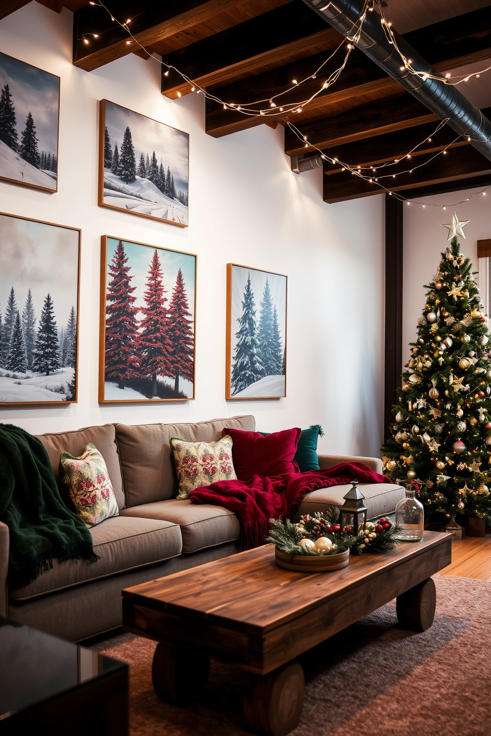 A cozy loft living room adorned with winter-themed artwork featuring snowy landscapes and evergreen trees. Plush throw blankets in deep reds and greens drape over a modern sectional sofa, complemented by a rustic wooden coffee table topped with seasonal decorations. Twinkling fairy lights are strung across exposed beams, casting a warm glow throughout the space. A beautifully decorated Christmas tree stands in the corner, adorned with metallic ornaments and a star on top, creating a festive focal point in the room.