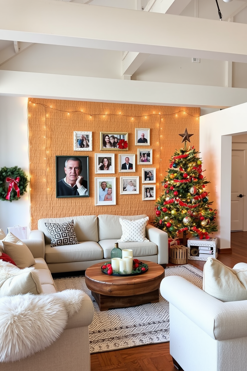 A cozy living room adorned with DIY photo frames showcasing cherished holiday memories. The frames are arranged in a gallery style on a warm, textured wall, surrounded by twinkling fairy lights. An open loft space transformed into a festive retreat for Christmas. The decor features a rustic wooden tree, colorful ornaments, and plush seating that invites relaxation and celebration.