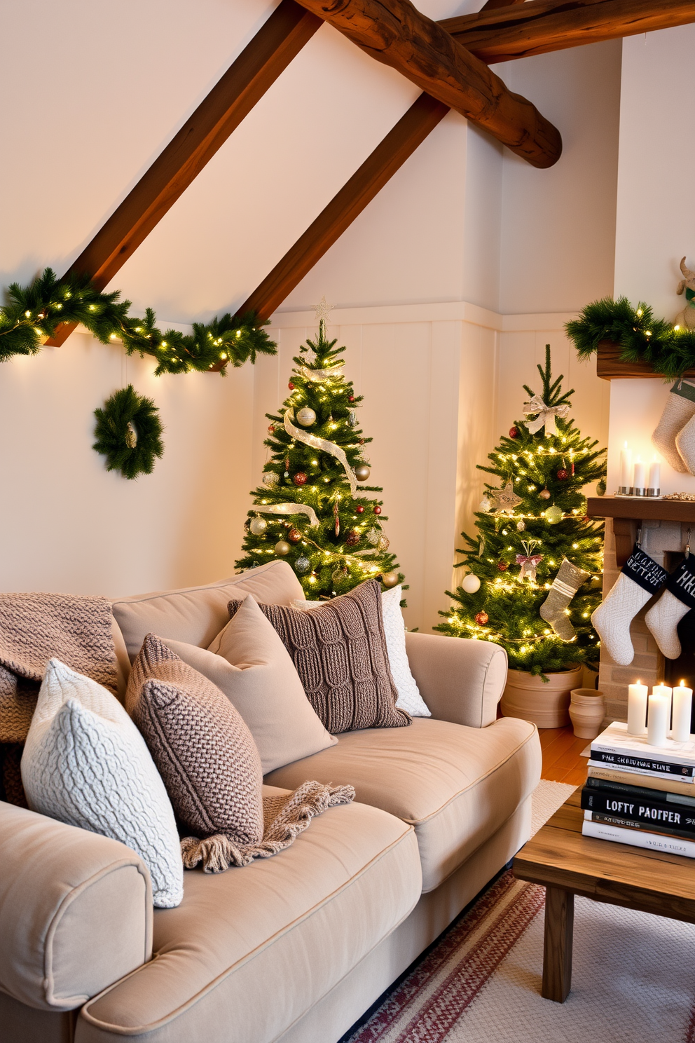 A cozy hygge-inspired seating area featuring a plush, oversized sofa adorned with an array of soft, textured cushions in neutral tones. A warm, knitted throw drapes over one armrest, while a wooden coffee table holds a few candles and a stack of well-loved books. A festive loft decorated for Christmas, showcasing a beautifully adorned tree in the corner with twinkling lights and handmade ornaments. The space is enhanced by garlands of greenery along the exposed beams, and a collection of decorative stockings hangs from a rustic mantle.