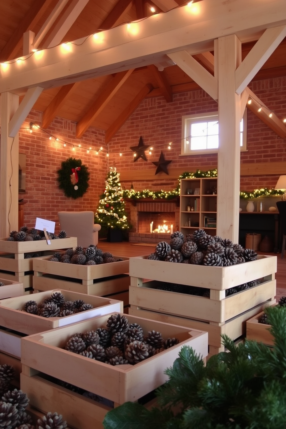 A cozy loft decorated for Christmas, featuring wooden crates filled with pinecones scattered around the room. The warm glow of string lights drapes across the exposed beams, enhancing the festive atmosphere.